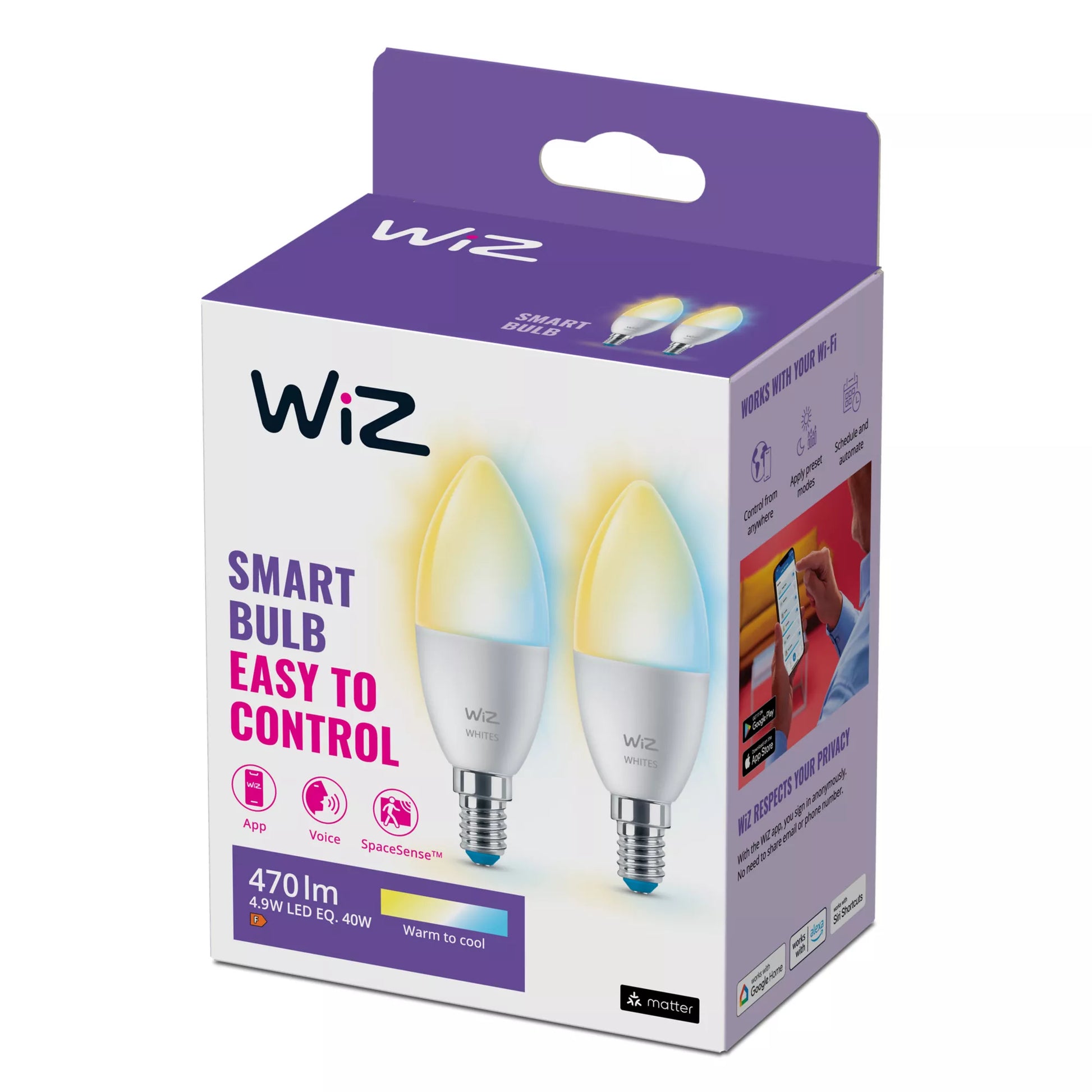 WiZ Leuchtmittel – E14 C37 – Tunable White 2700–6500 K, 470 lm, 4,9 W – 2er-Pack