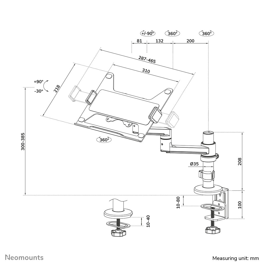 Neomounts Laptop-Arm (Klemme/Durchführung) – für Notebooks bis 17,3" – VESA 100×100, 5 kg – Schwarz