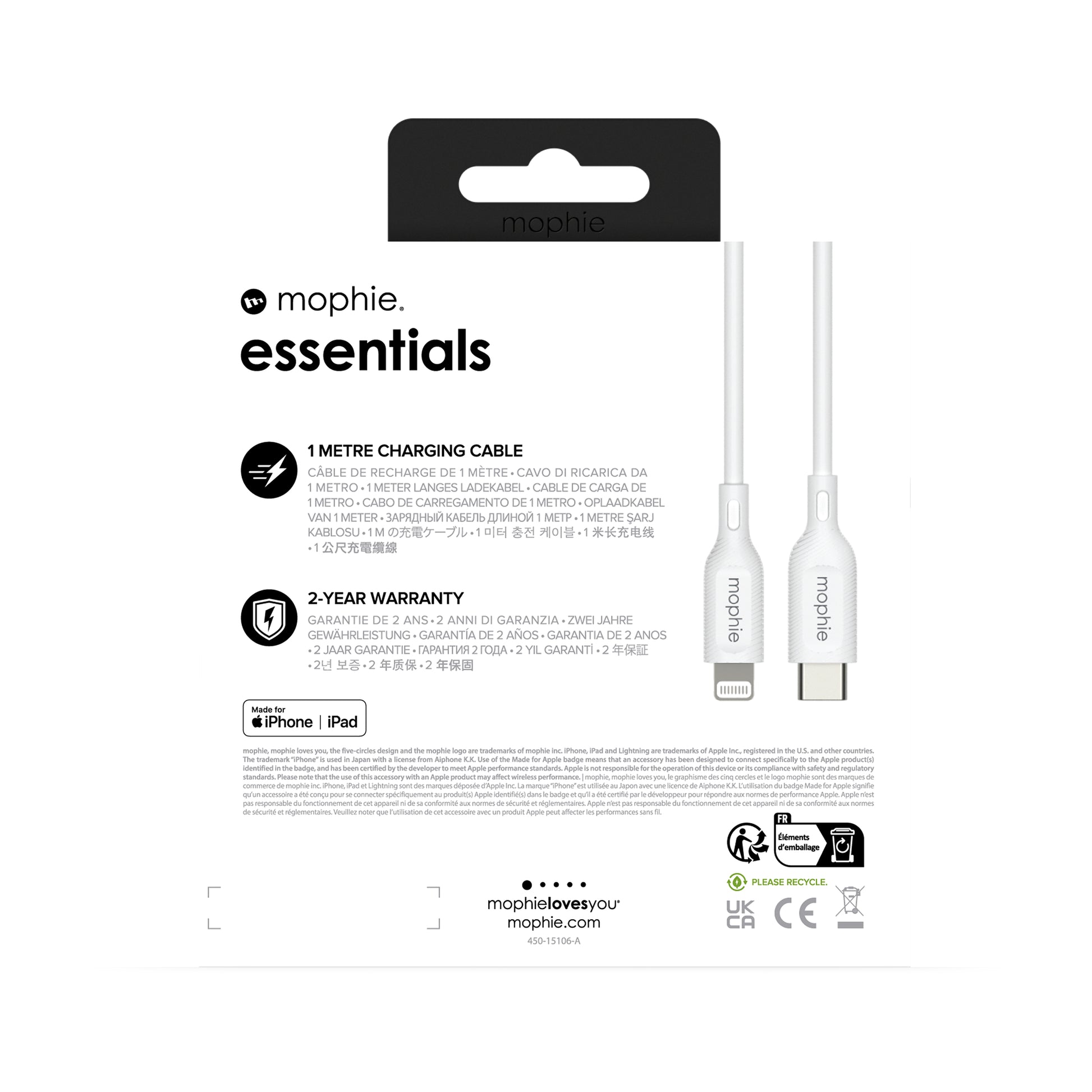 mophie USB-Kabel – Lightning auf USB-C – 1 m – PD 60 W – PVC-Mantel – Weiss