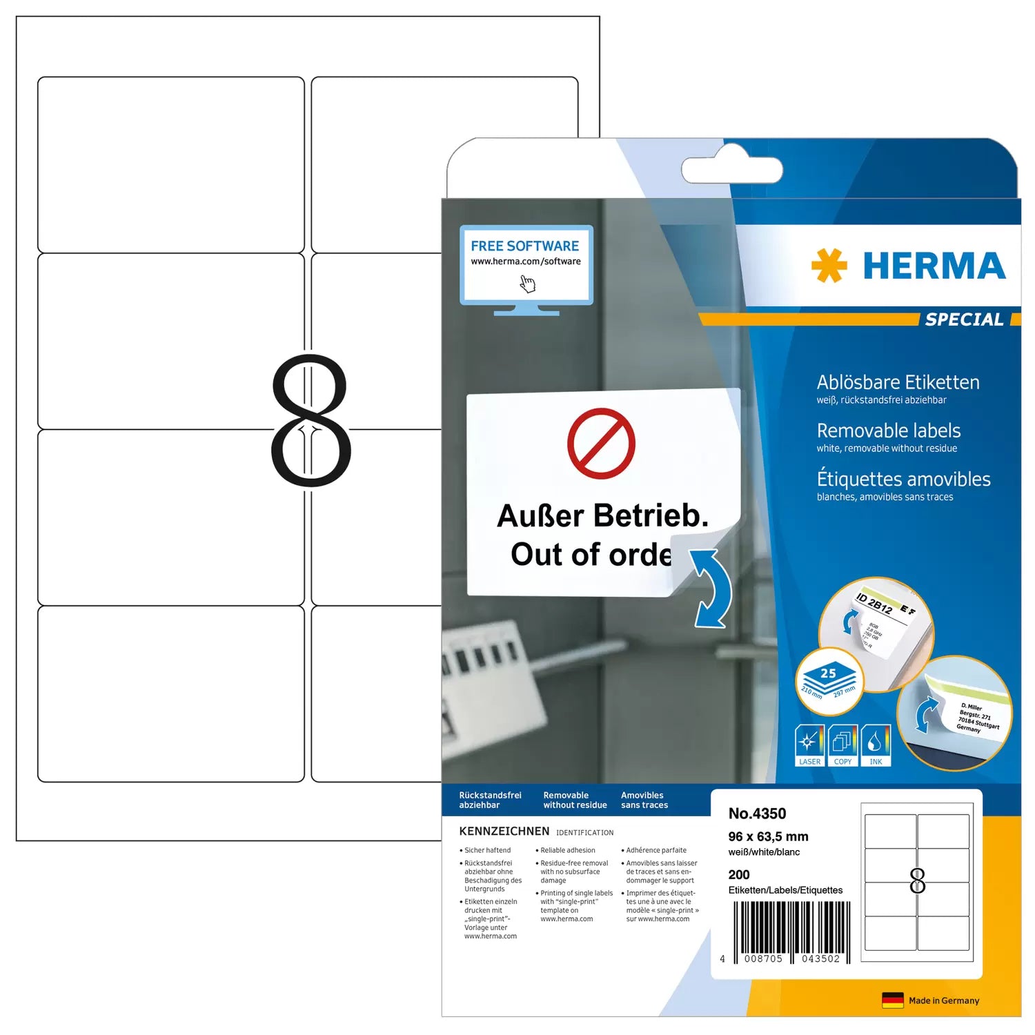 HERMA Druckeretiketten, 96 mm × 63,5 mm, weiss, Papier, ablösbar, 200 Etiketten (25 Blatt)