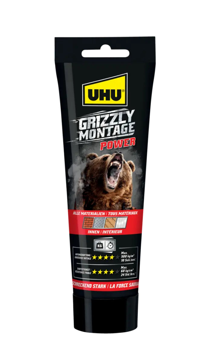 UHU Grizzly Montagekleber extra stark – 120 ml, weiss, für Metall, Glas, Porzellan