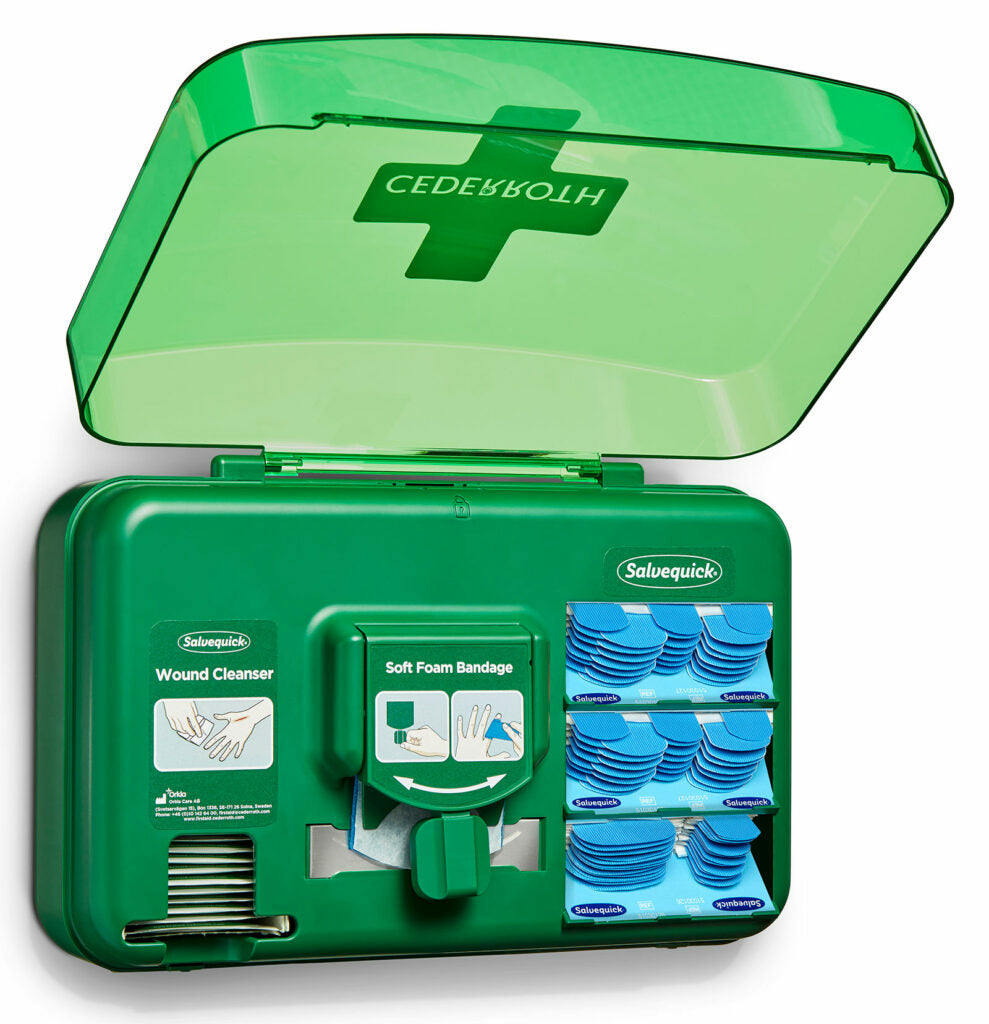 Cederroth Wundversorgungs-Spender – 40 Wundreinigungstücher, Soft-Foam 4,5 m, 2 detektierbare Pflaster