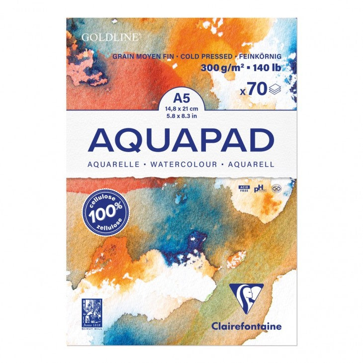 Clairefontaine AQUAPAD Aquarellblock – A5 – 300 g/m² – 70 Blatt, weiss, feinkörnig, säurefrei
