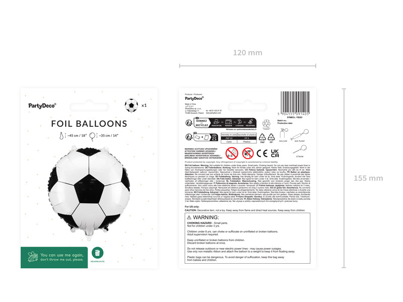 PartyDeco Folienballon Fussball – Schwarz-Weiss – 35 × 35 cm – 1 Stück