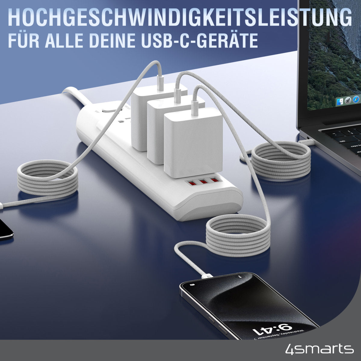 4smarts USB-C auf USB-C Kabel – USB 2.0 (480 Mbit/s) – 1,5 m – PD 100 W – Magnetisch, Geflochten – Weiss