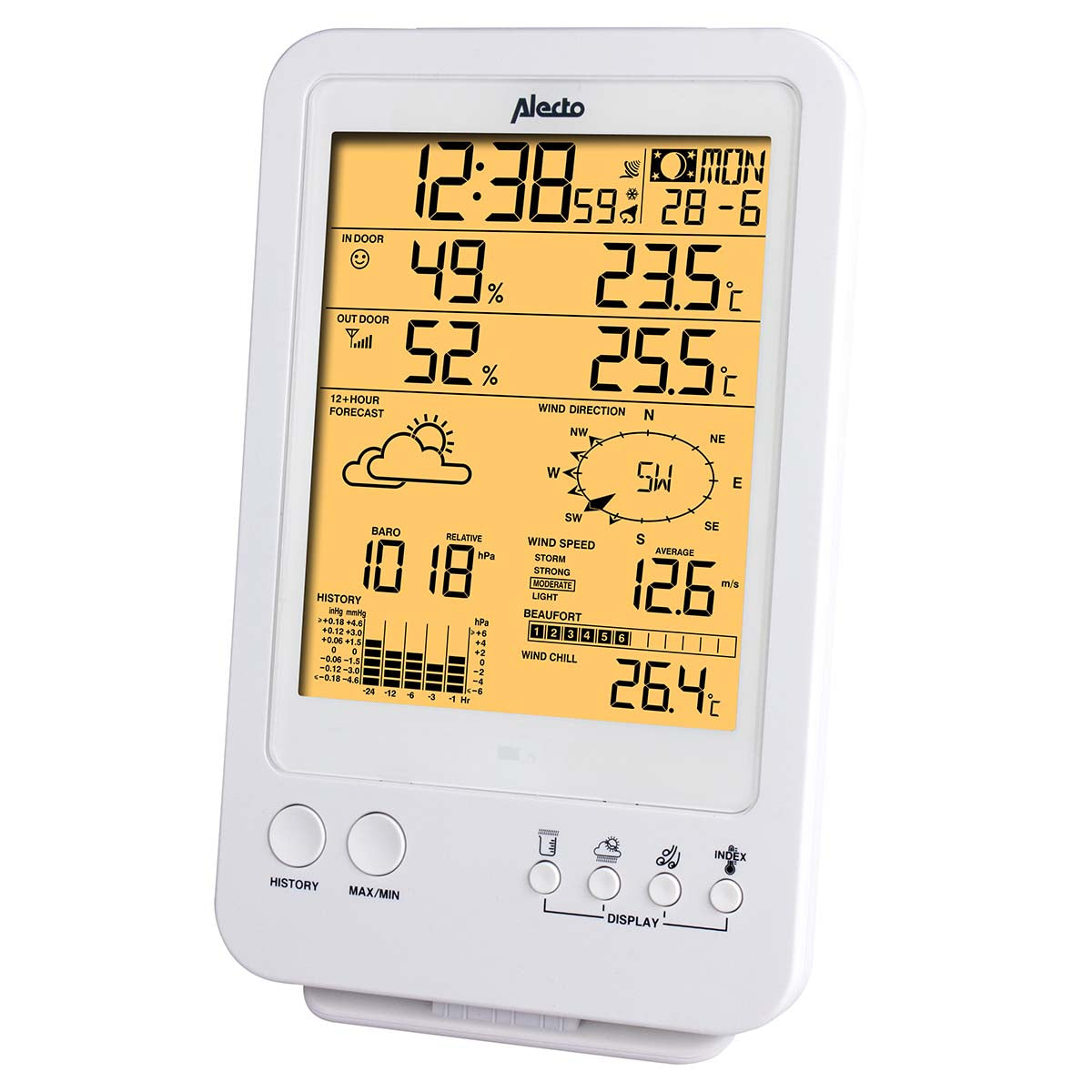 Alecto WS-4800 – Wetterstation, Funk 868 MHz, innen/außen, Hygrometer & Barometer, inkl. Aussensensor – weiss