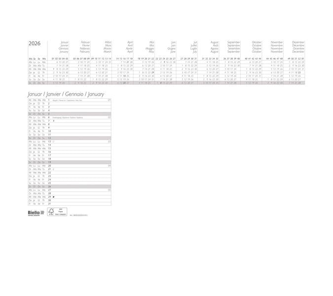 Biella Kalender-Einlage – 1 Monat pro Seite, 48 × 32,5 cm, 2026
