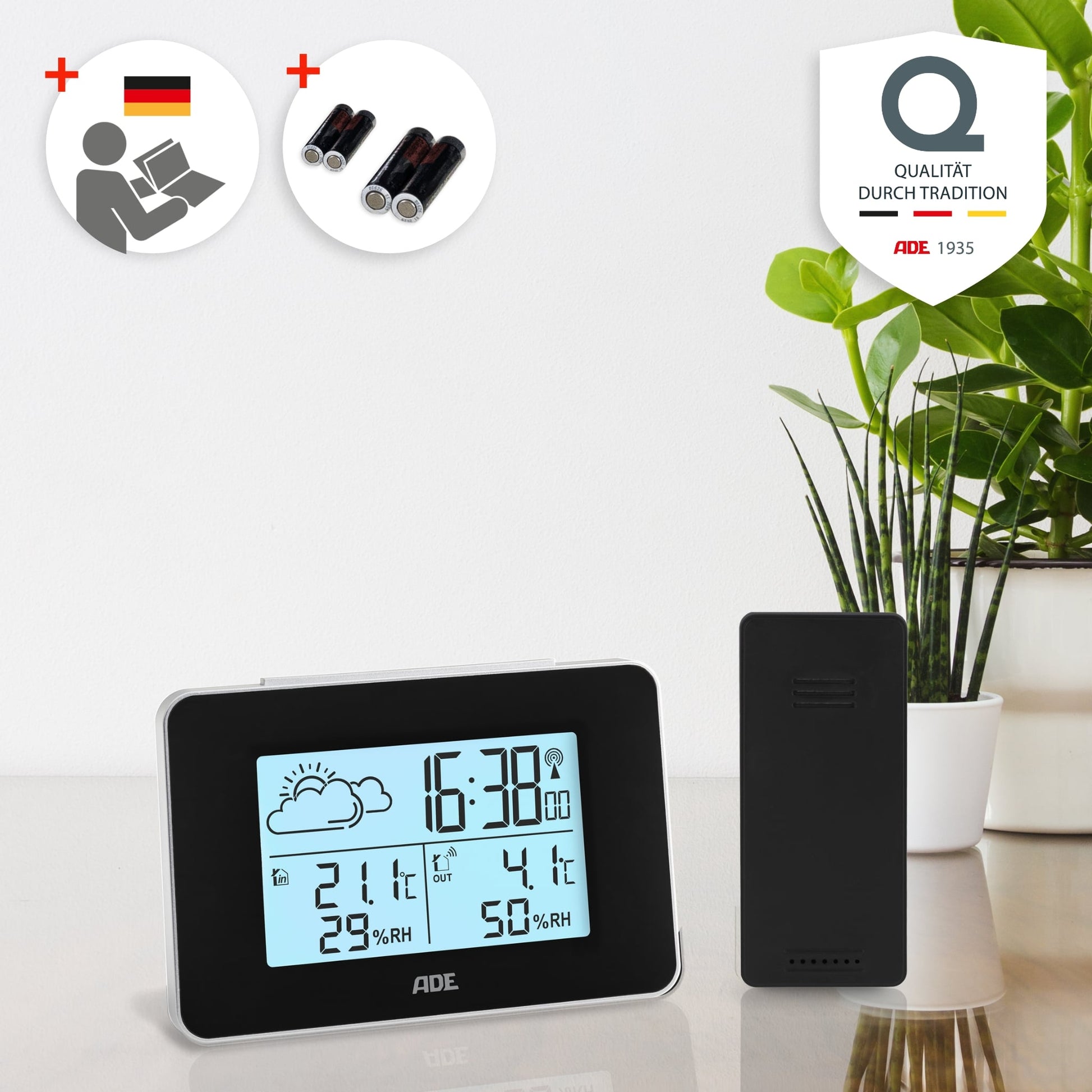 ADE WS2136-1 – Wetterstation, Funk, innen/aussen, Barometer, inkl. Aussensensor – schwarz (2er-Pack)