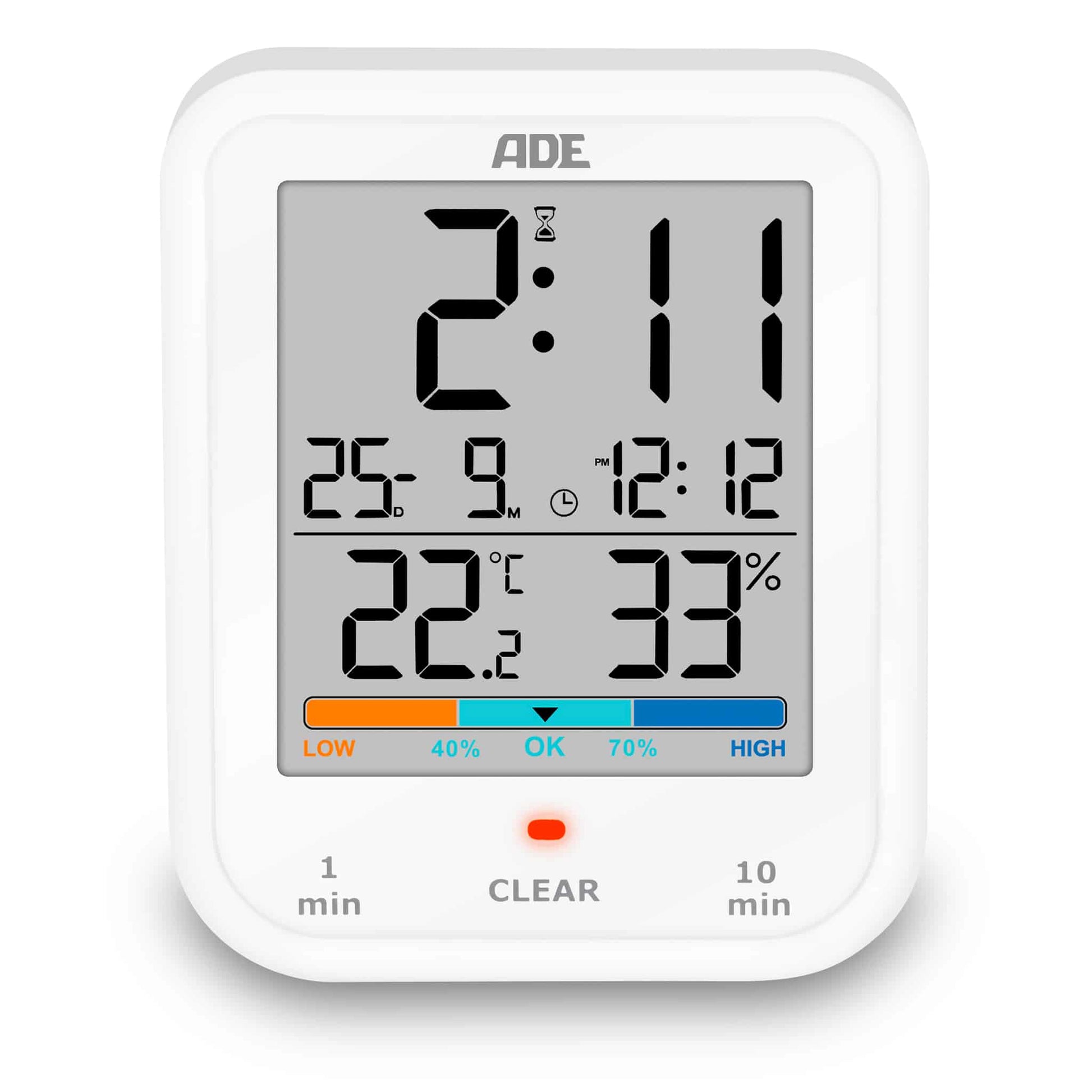 ADE Tischuhr – Digital, Thermometer/Hygrometer, wetterfest, 19,3 × 11,5 × 9,2 cm, weiss, Kunststoff