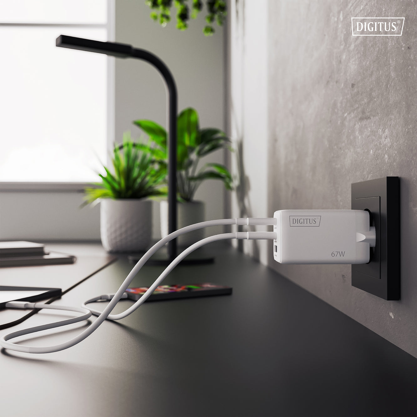 Digitus 67 W GaN USB-Ladegerät – USB-C×2, USB-A×1 – weiss