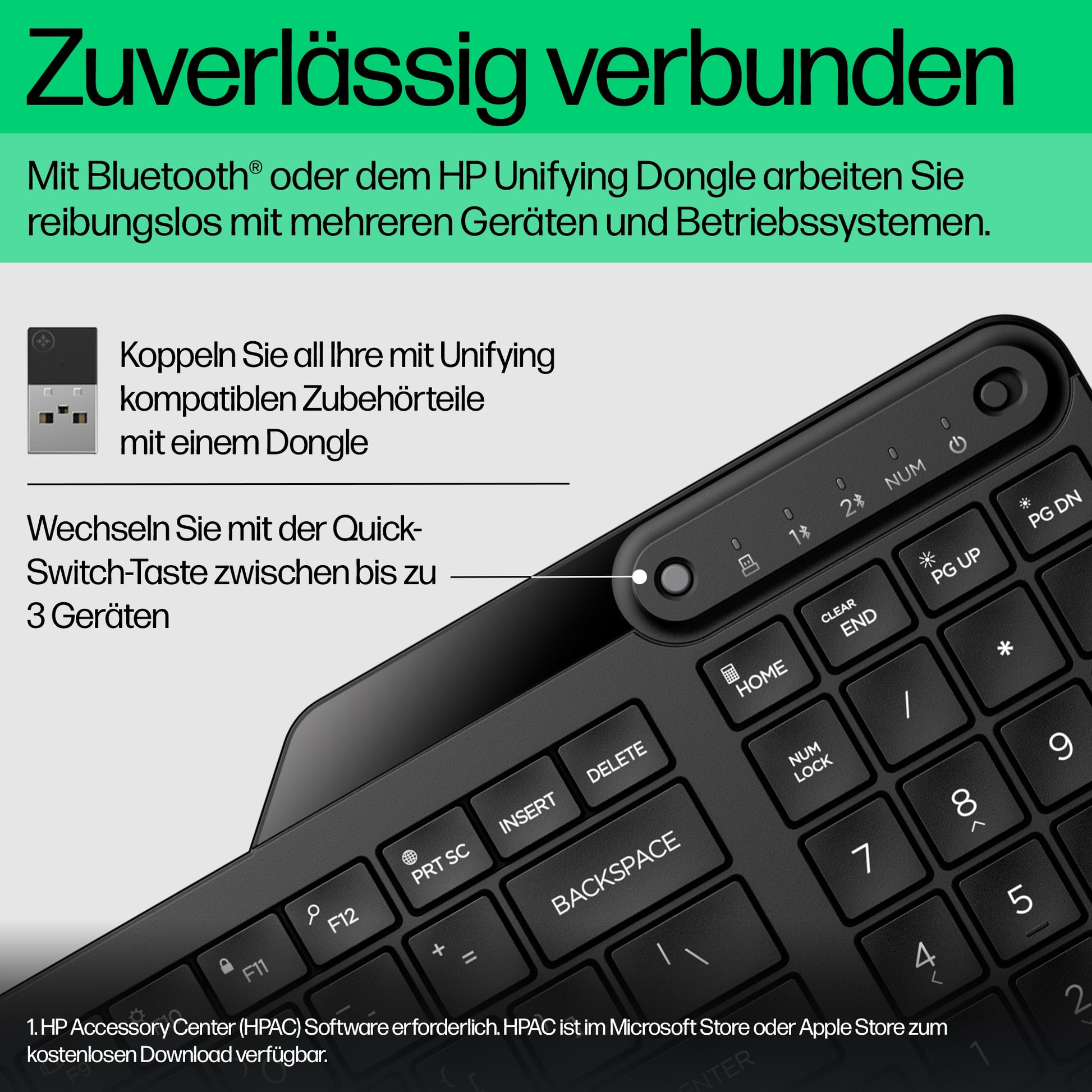 HP 475 Dual-Mode Wireless Tastatur – Membran – Bluetooth & 2,4 GHz (USB-A Empfänger) – Schwarz