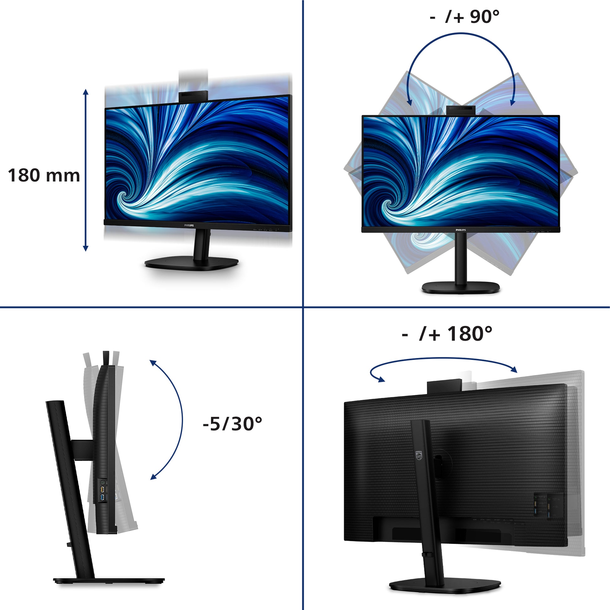 Philips 32B2U3601H/00 – Monitor, 32", IPS, 100 Hz, Webcam, USB-Hub, VESA 100 × 100, Schwarz