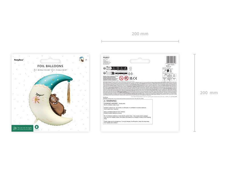 PartyDeco Folienballon Teddybär auf dem Mond – mehrfarbig – 71 × 86 cm – Folie – 1 Stück – inkl. Strohhalm