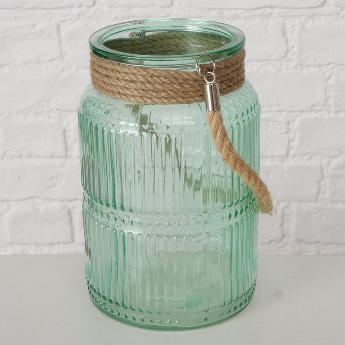 Boltze Windlicht – Glas & Jute & Textil, grün – Ø 13,5 × 21 cm