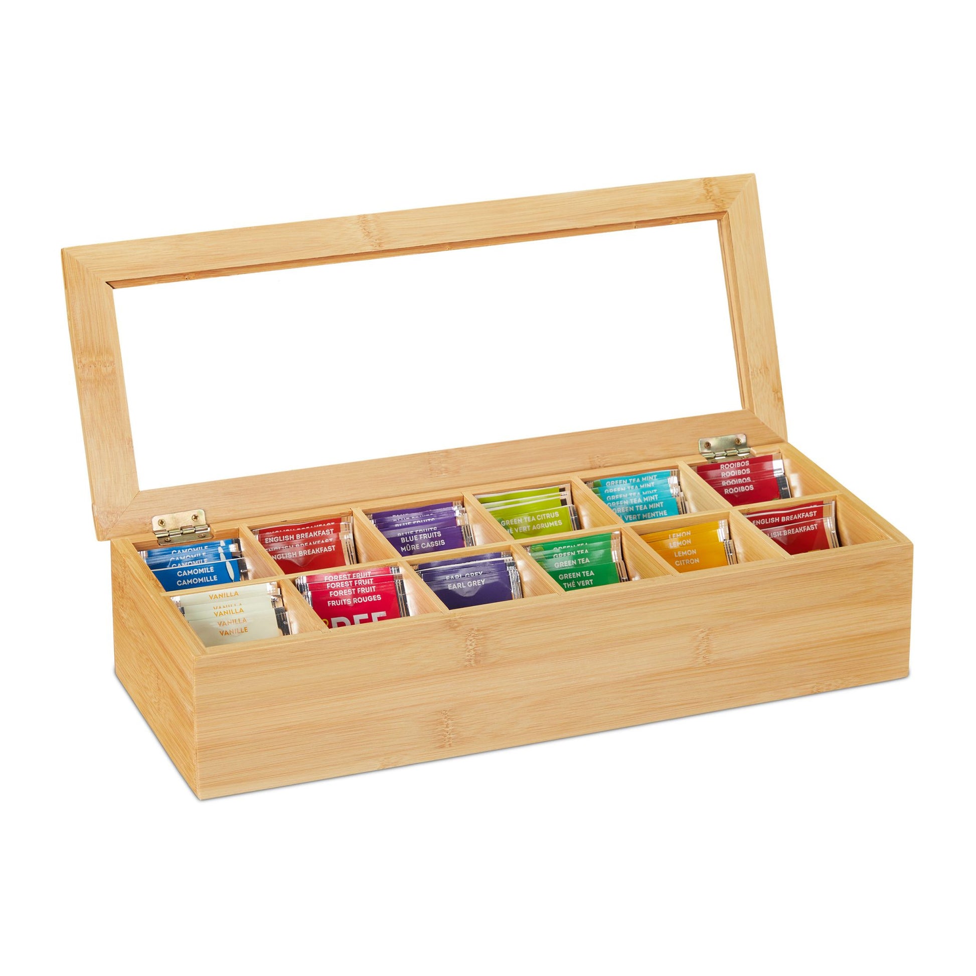 Relaxdays Teebeutelbox Bambus/Kunststoff, 12 Fächer, 41 × 16 × 9 cm, Hellbraun