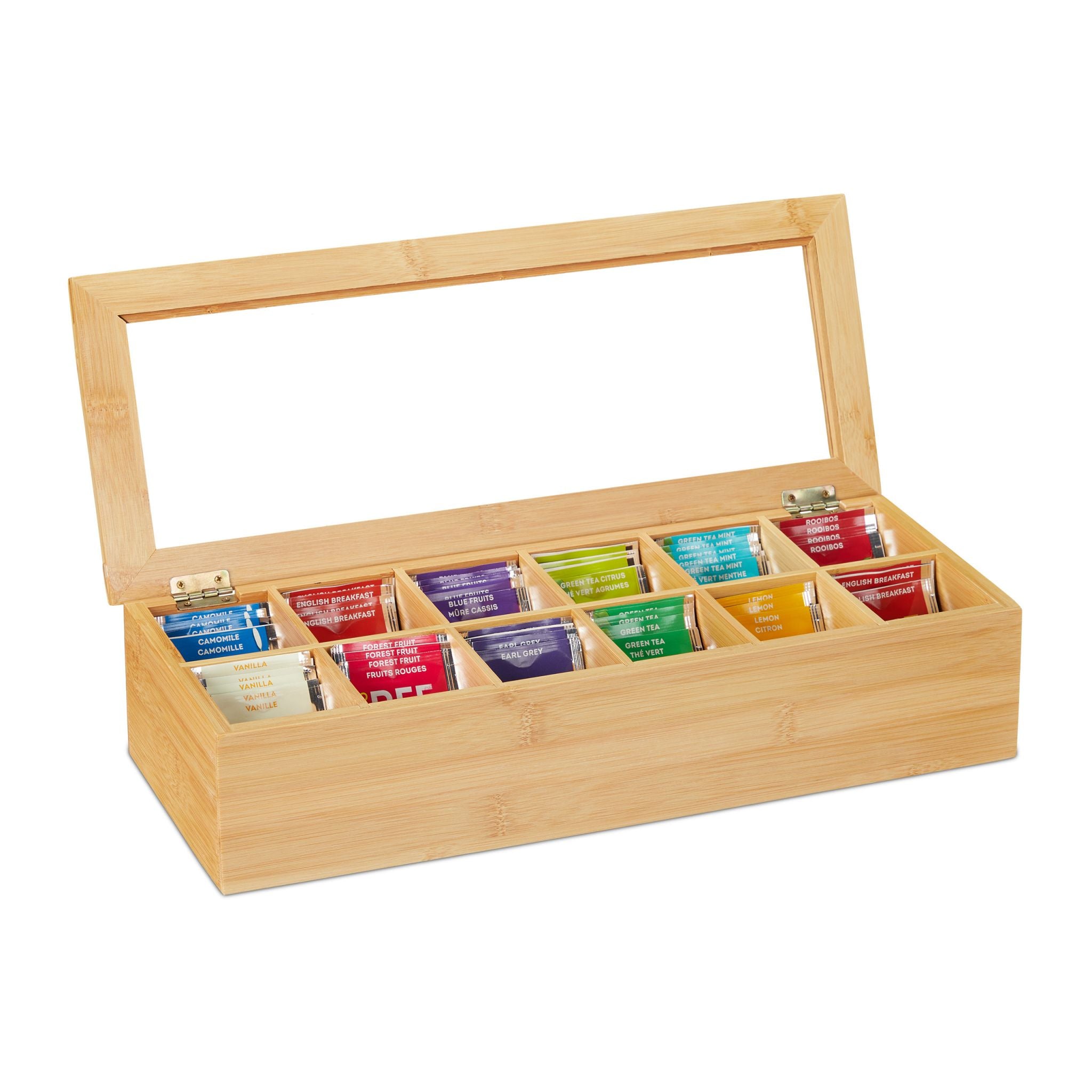 Relaxdays Teebeutelbox Bambus/Kunststoff, 12 Fächer, 41 × 16 × 9 cm, Hellbraun
