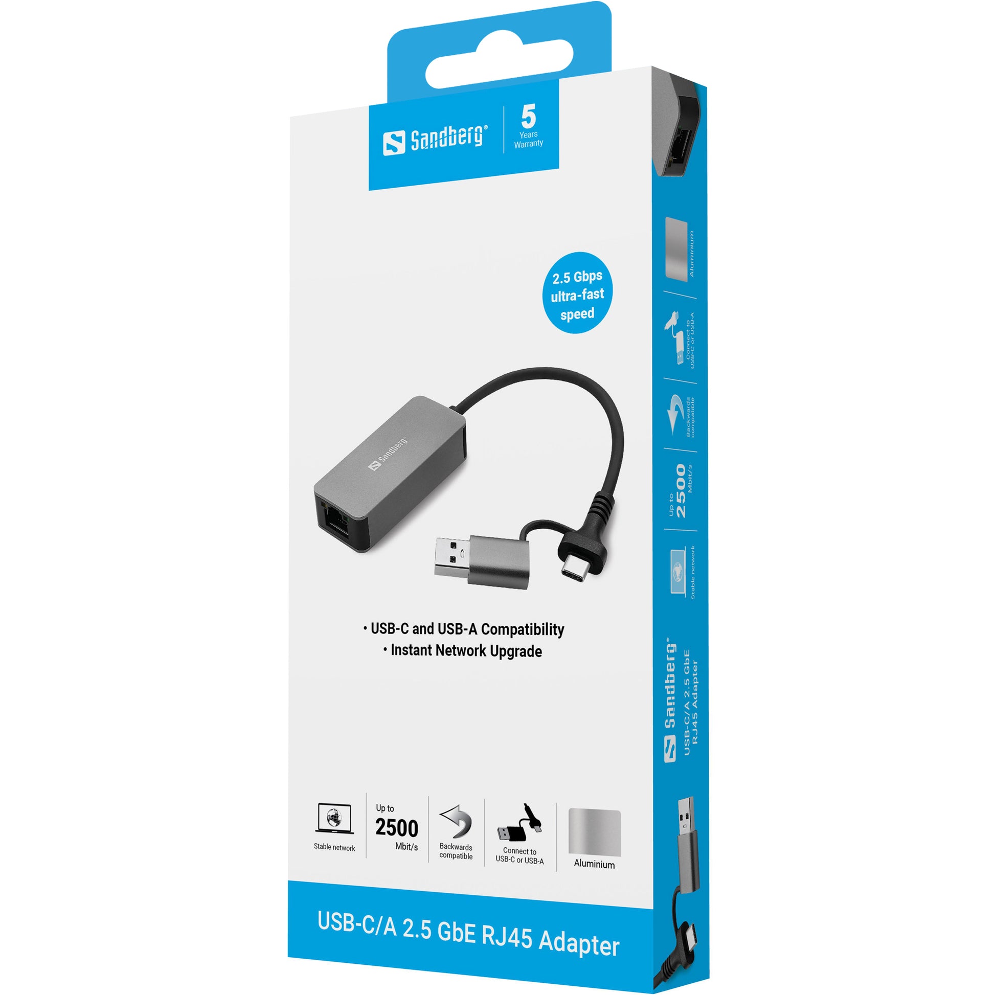 Sandberg 136-68 Netzwerkadapter USB-C/USB-A zu RJ-45 – 2,5 Gbit/s, 1× RJ-45, für Windows 10/11, Grau