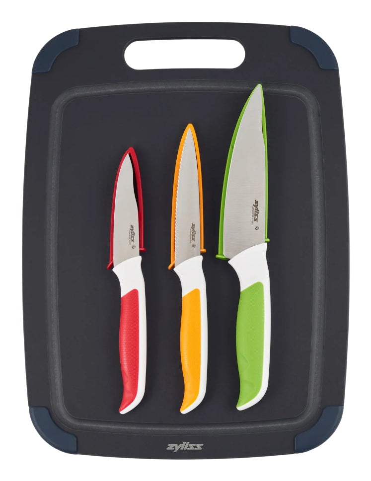 Zyliss Schneidebrett & 3-teiliges Messerset – rechteckig, Saftrille, spülmaschinenfest – 28 × 6 × 37 cm