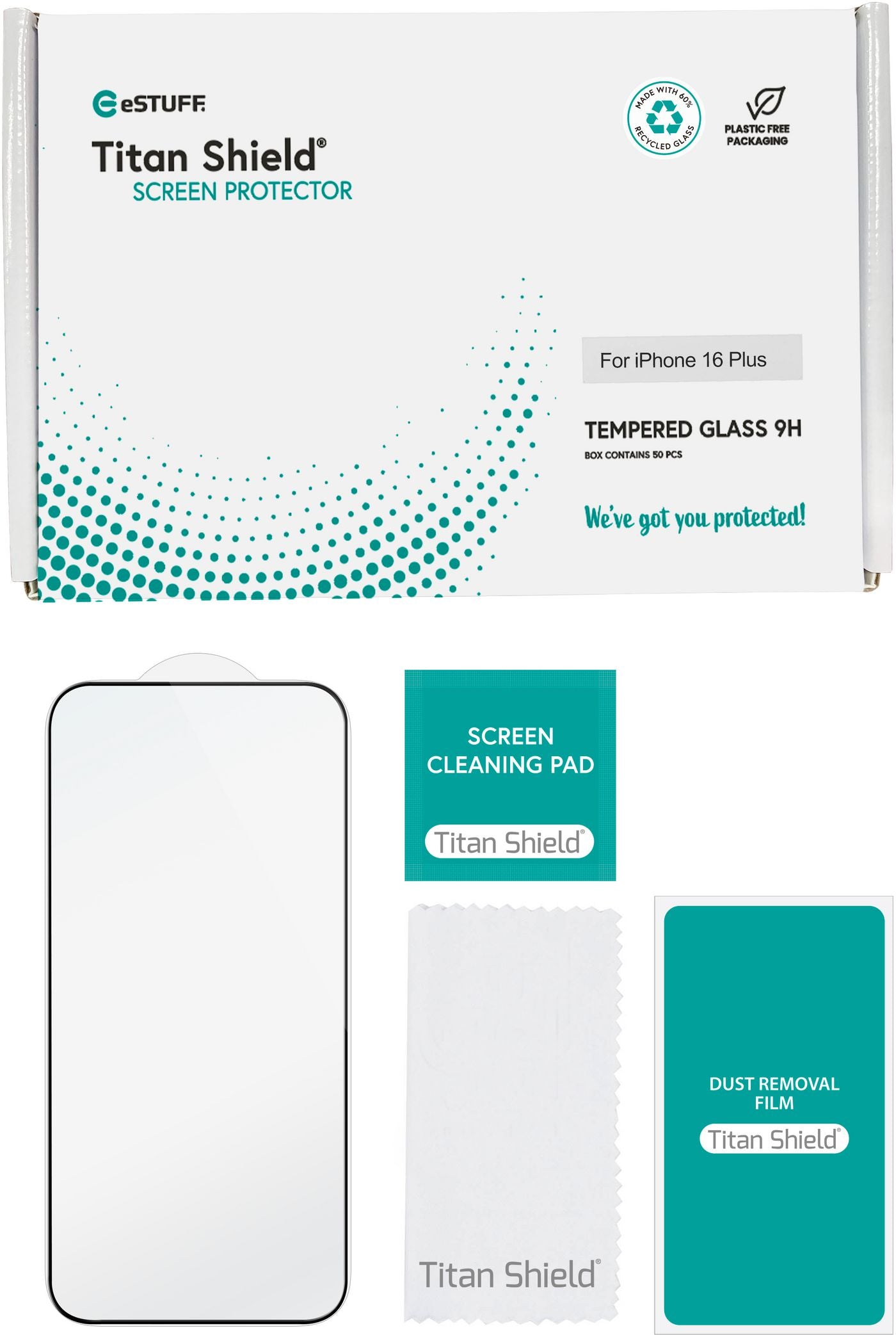 eSTUFF Displayschutzglas – für Apple iPhone 16 Plus, Hartglas, 9H, Transparent – 50er-Pack