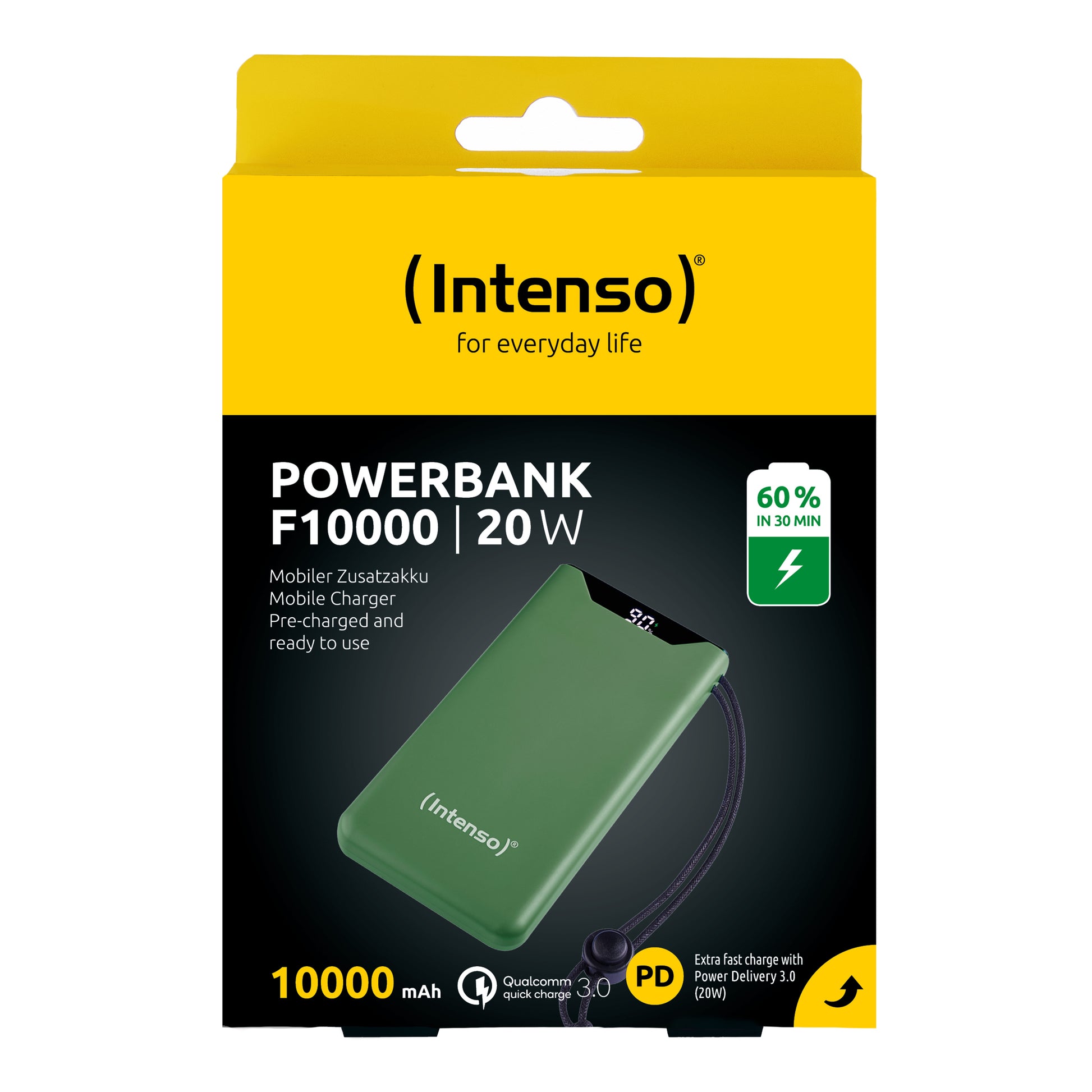 Intenso F10000 Powerbank 10'000 mAh – 20 W PD, 1× USB-C, 1× USB-A, grün