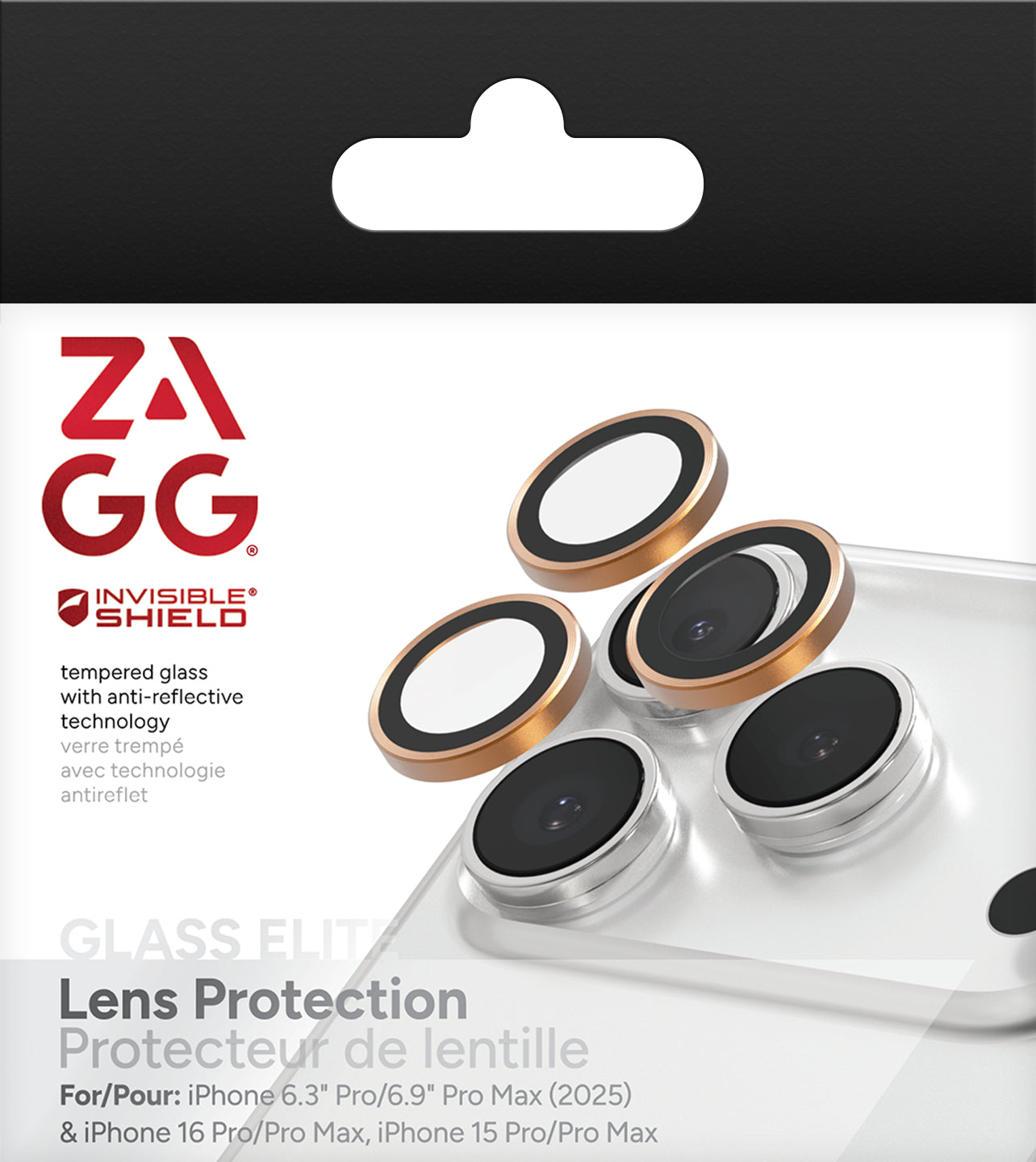 ZAGG Glass Elite – Kamera-Schutzglas – schlag- & kratzfest – für iPhone 15–17 (Pro/Pro Max) – Orange