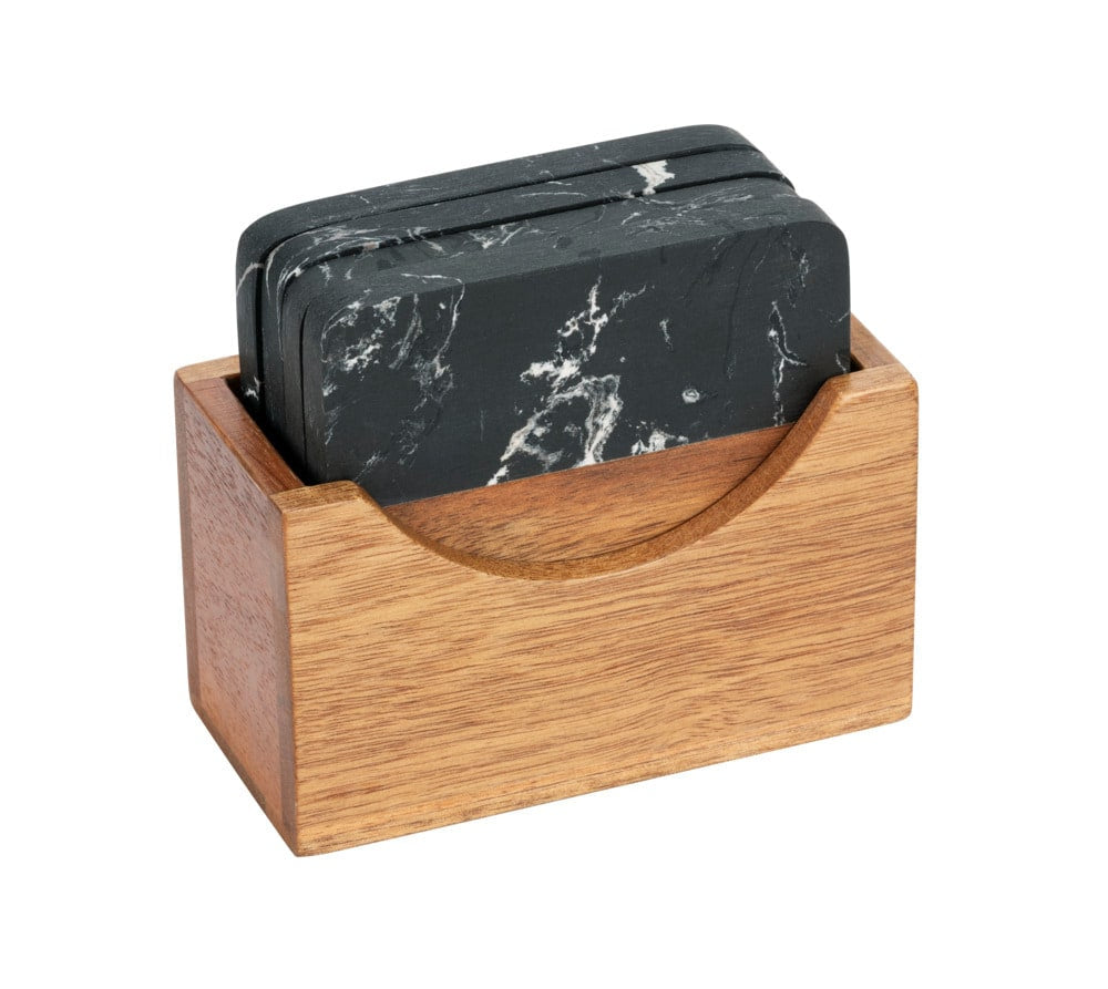 Wenko Untersetzer Atami – 4er Set, 10 × 10 × 1 cm, Marmor/Holz, Schwarz/Braun