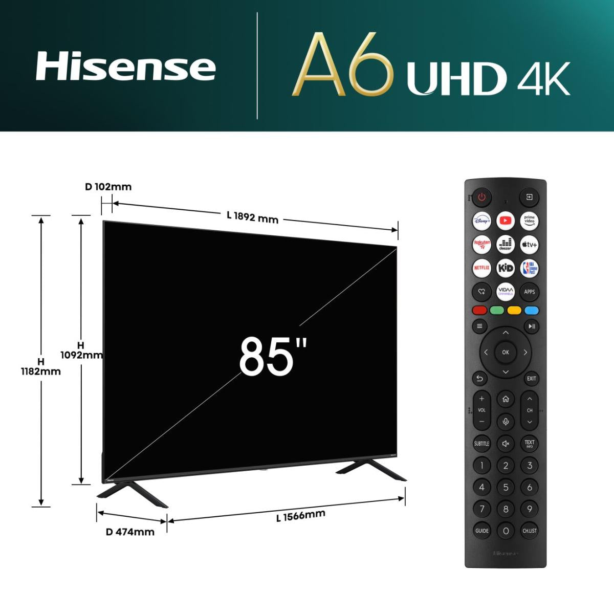 Hisense 85A6N – 85" Fernseher – 4K UHD – LED-LCD – VIDAA – 60 Hz – 400 cd/m² – Dolby Vision, HDR10+, HLG