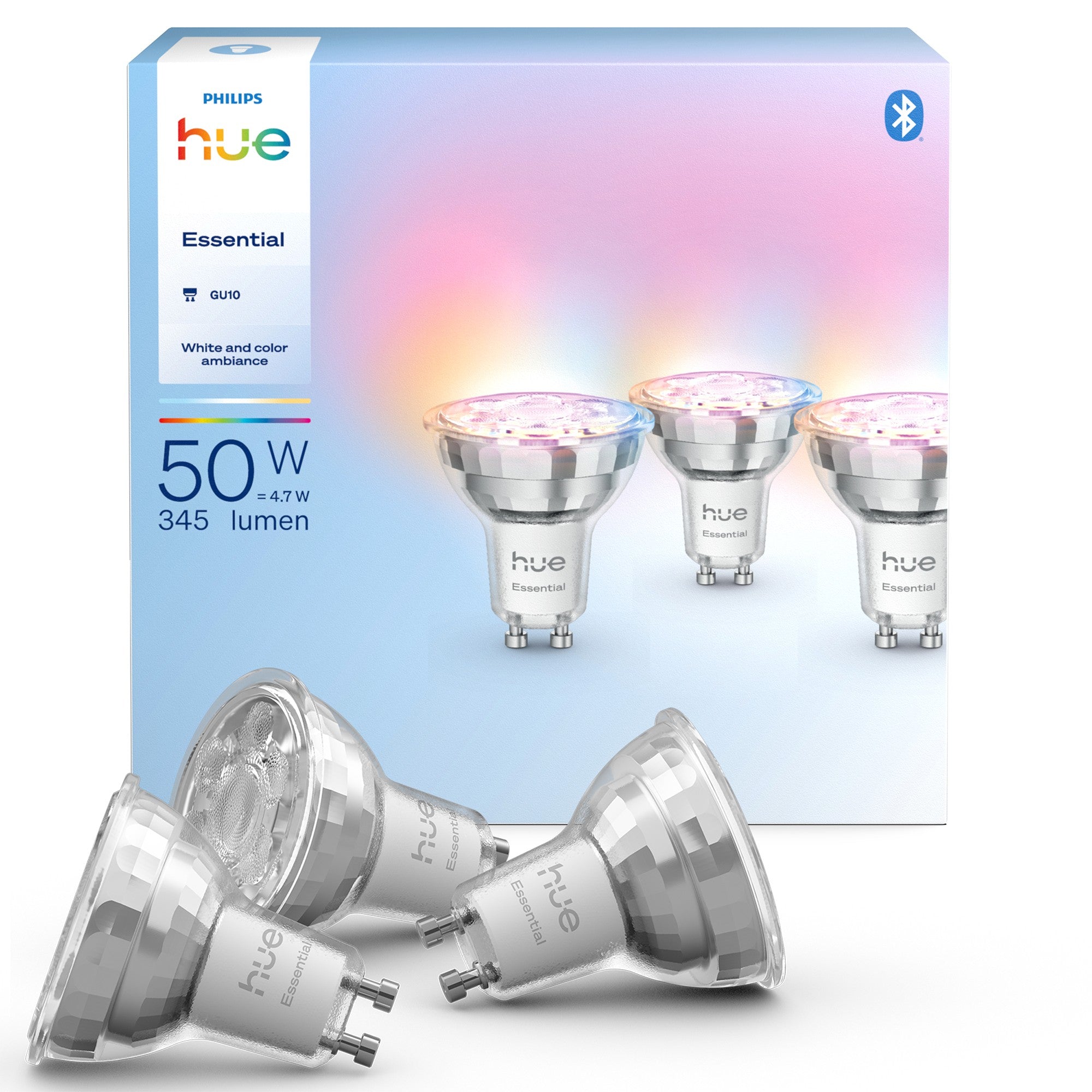 Philips Hue Essential White & Colour LED-Reflektor GU10 3er-Pack – 4,7 W, 345 lm, Mehrfarbig, für Matt