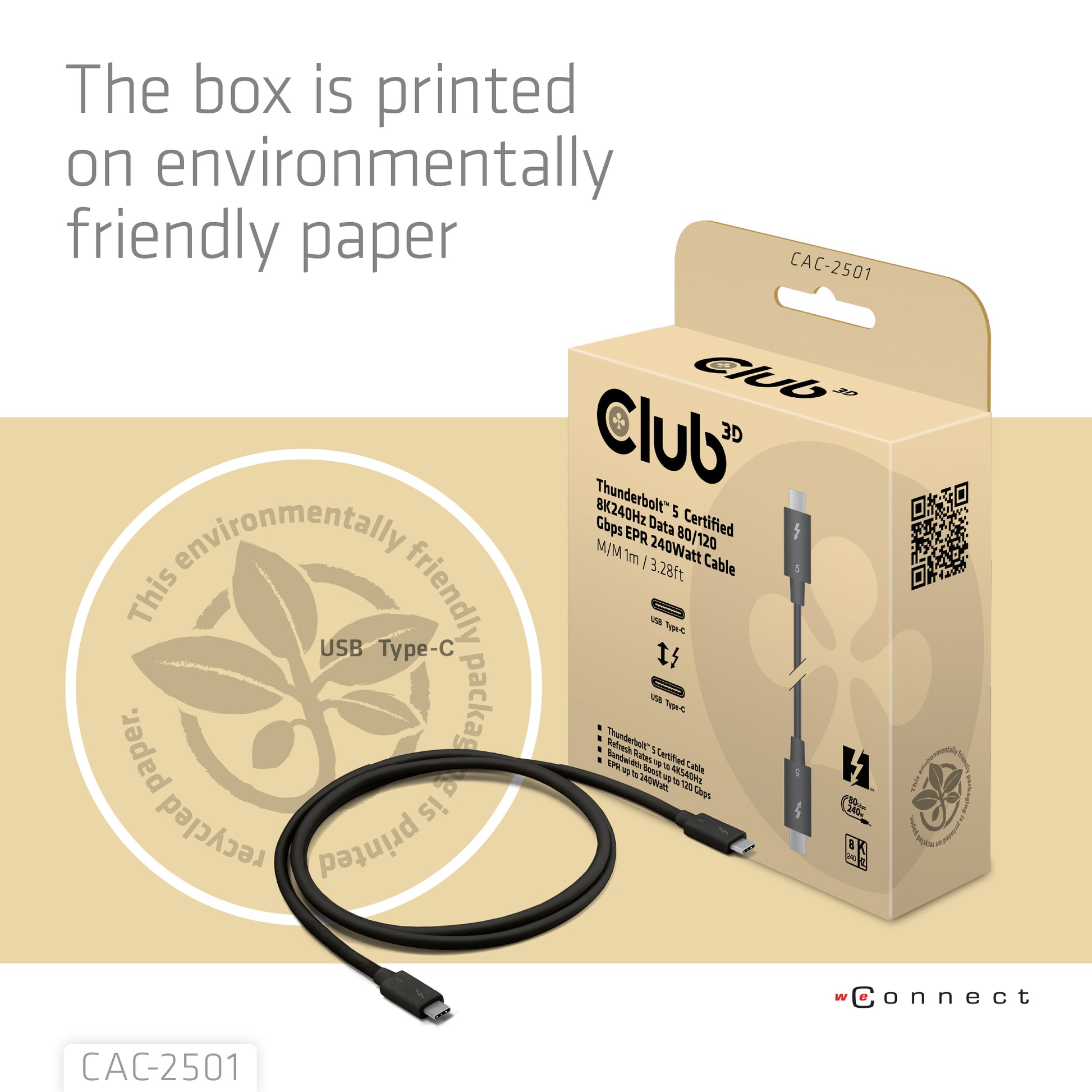 CLUB3D USB-C-zu-USB-C Anschlusskabel – 1 m, Thunderbolt 5, 120 Gbit/s, 240 W, Schwarz