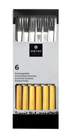 Heidi Cheese Line Fonduegabeln – 6er-Set, Edelstahl, Holzgriff, Hellbraun, für Käsefondue