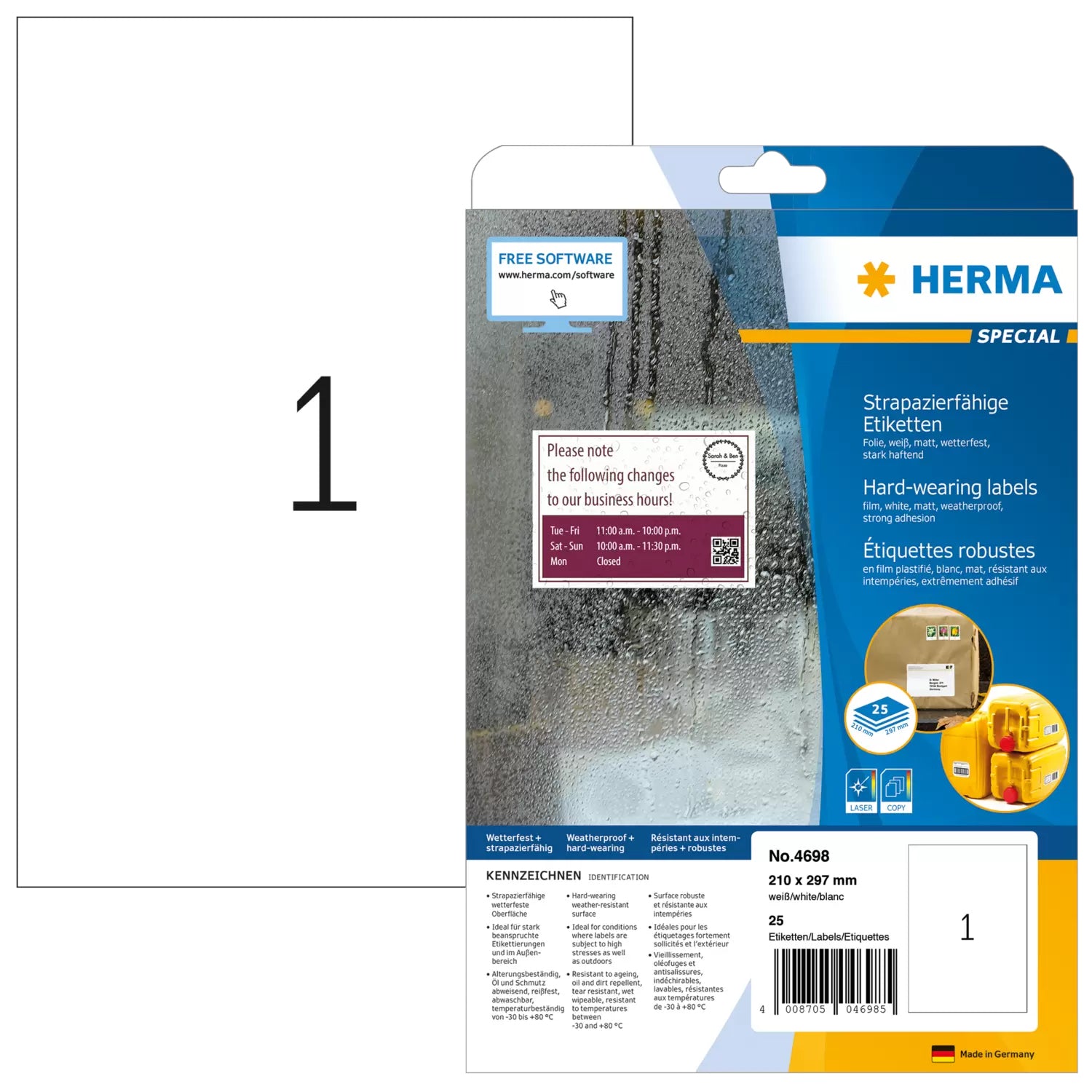 HERMA Druckeretiketten, 210 mm × 297 mm, weiss, Folie, extra stark, 25 Blatt