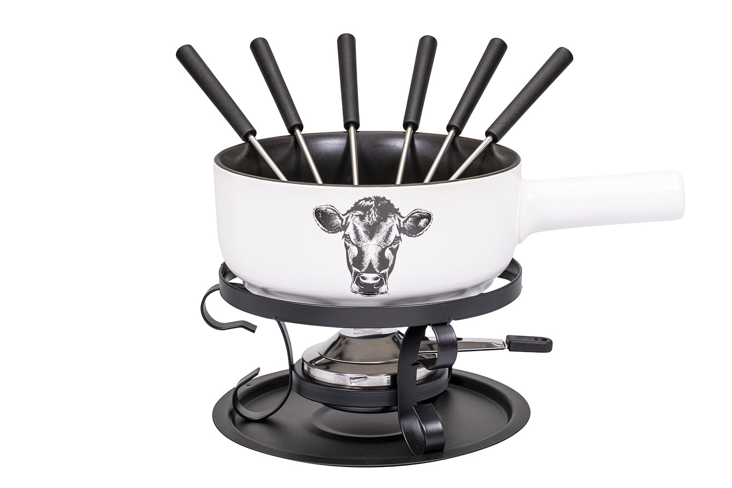 Kadastar Fondue-Set Kuh E22 – Keramik, 2 l, 6 Gabeln, Pastenbrenner – schwarz/weiss