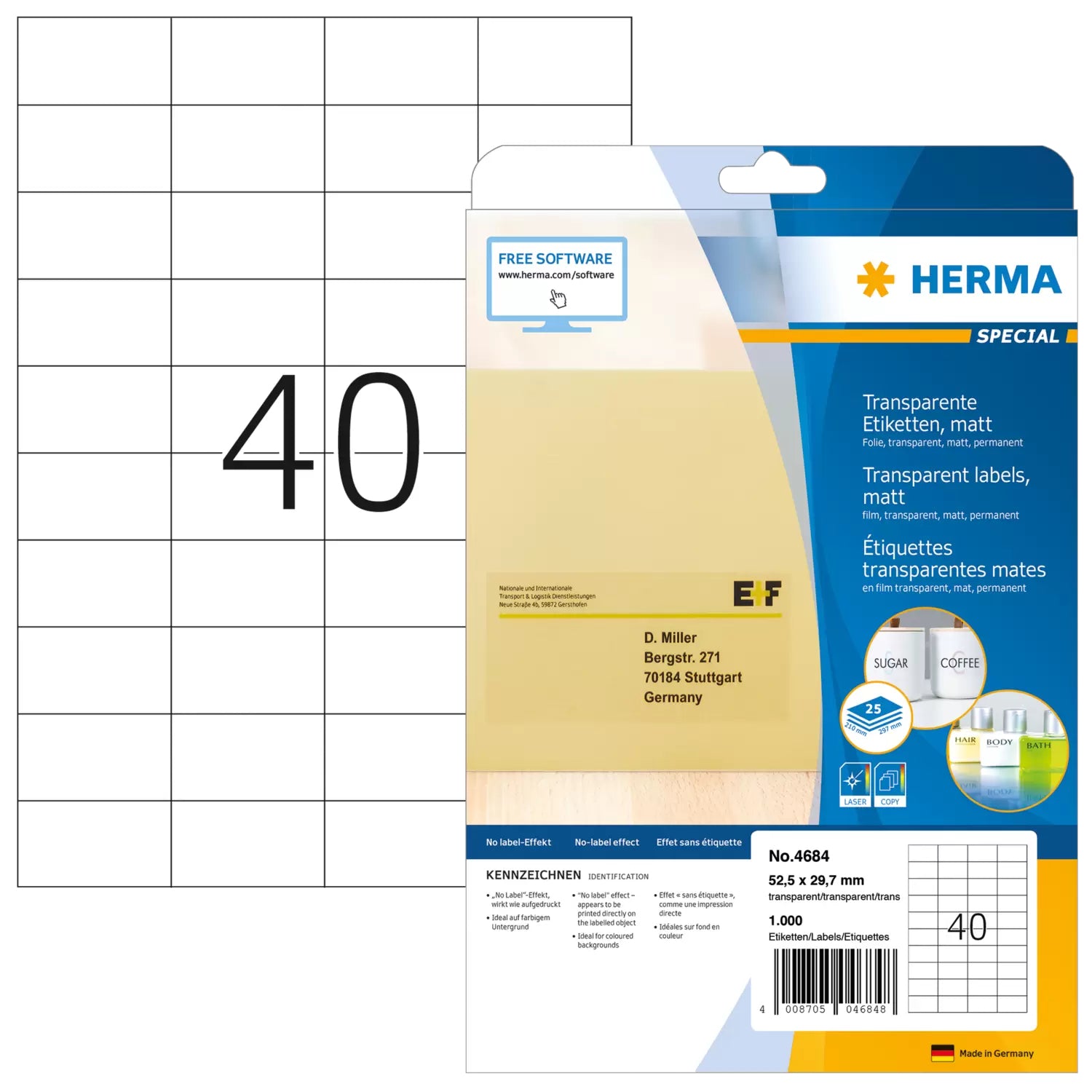 HERMA Drucketiketten, 52,5 mm × 29,7 mm, transparent, Folie, permanent, 25 Blätter (1000 Etiketten)