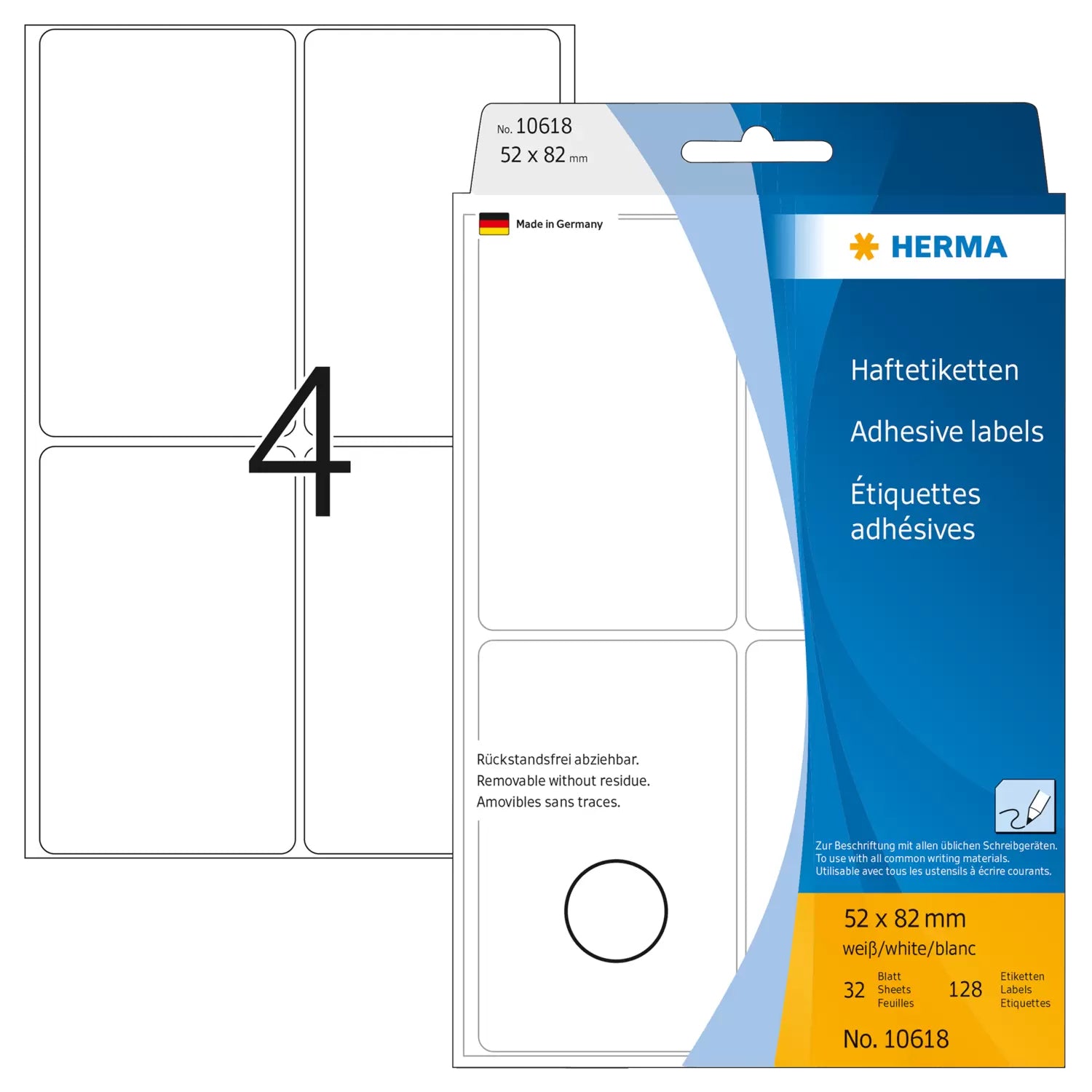 HERMA Schuletiketten – 52 × 82 mm, abgerundete Ecken, 96 Stk, 24 Bogen, Papier, ablösbar