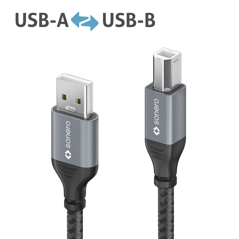 Sonero – USB-A auf USB-B Kabel – USB 2.0 (480 Mbps) – 5 m – Geflochten, Verstärkt – Schwarz