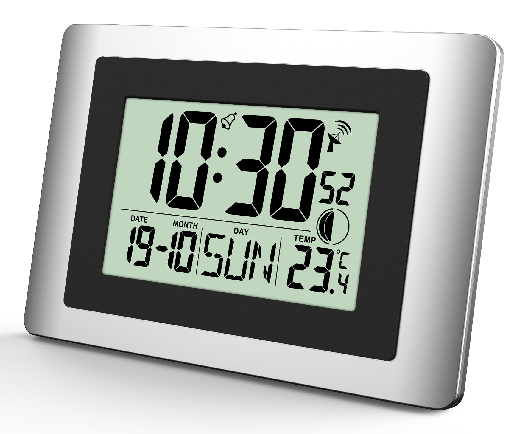 Technoline Wanduhr – Digital, Funk, Thermometer, 15 × 22 × 5,6 cm, Silber