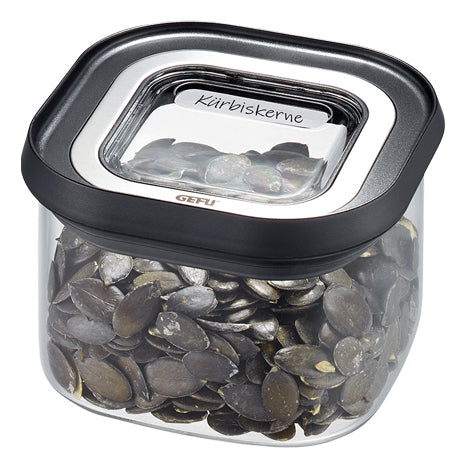 GEFU PANTRY – Vorratsdose 400 ml, 11 × 11 × 7,5 cm, Glas (Borosilikat)/Kunststoff, transparent/schwarz