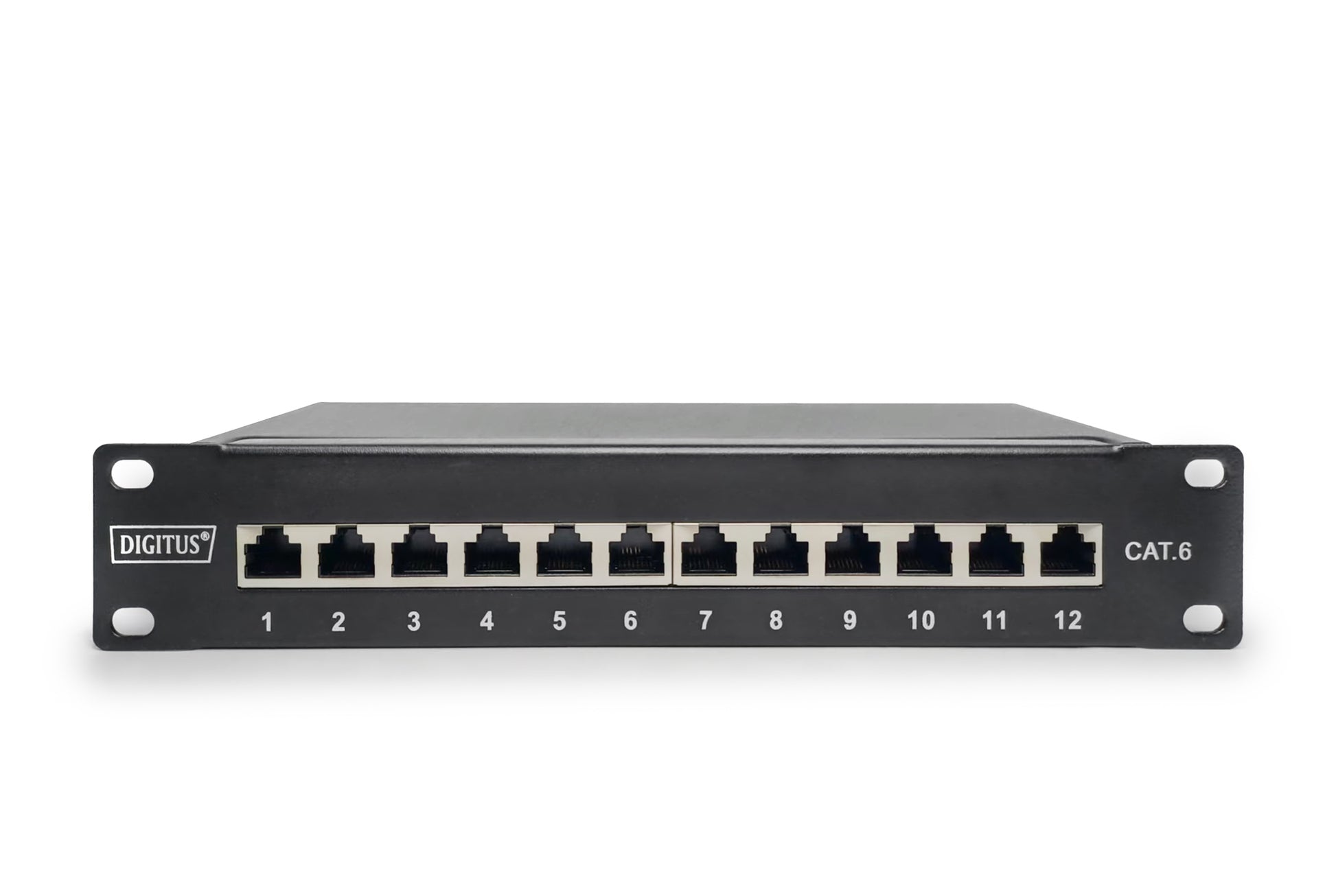 Digitus Patchpanel – CAT 6 (Klasse E), 12× RJ-45, geschirmt, 1U, Schwarz