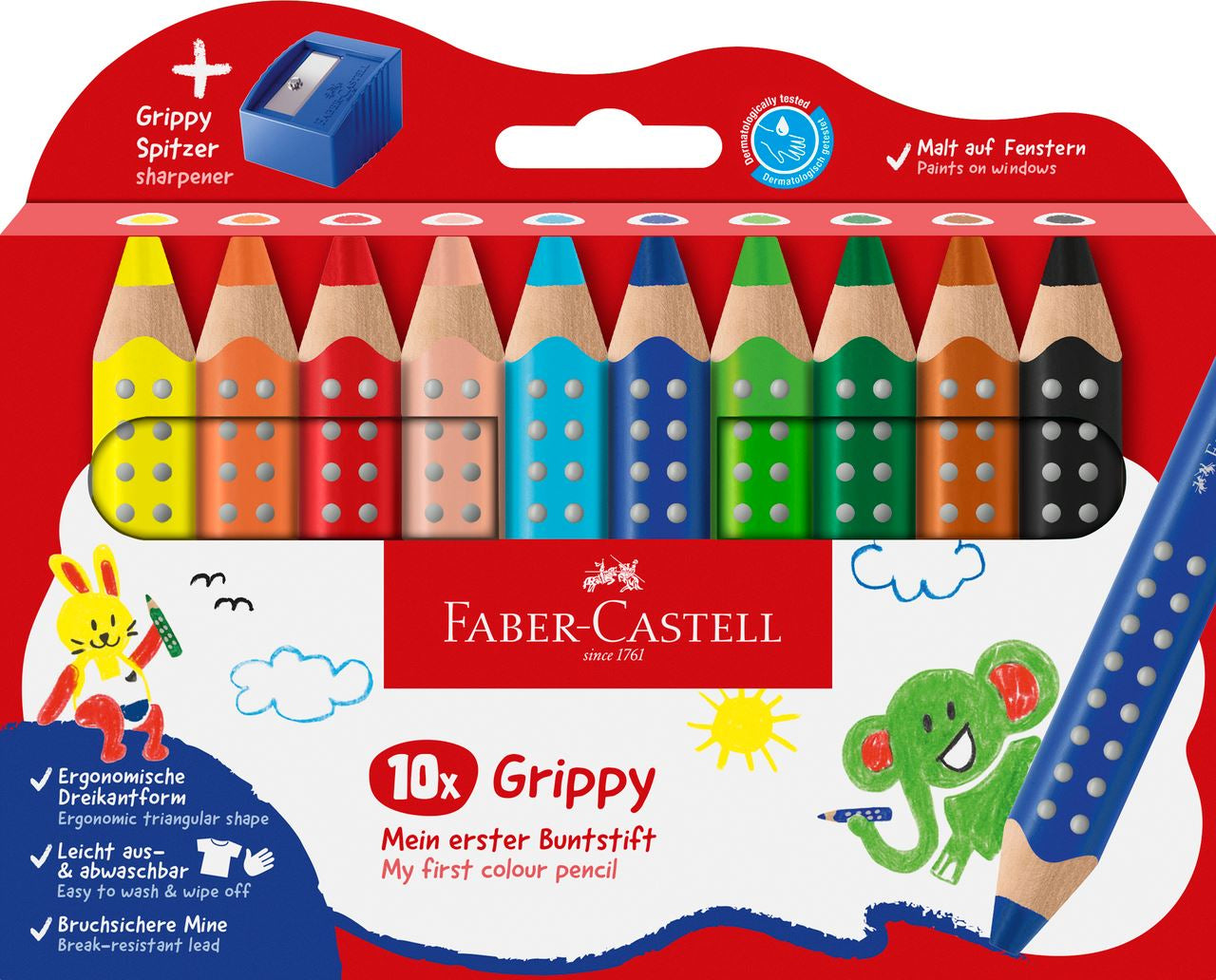 Faber-Castell 3-in-1 Farbstifte Grippy – 10 Farben, im Kartonetui, mit Spitzer, Ø 3 mm, dreikantig