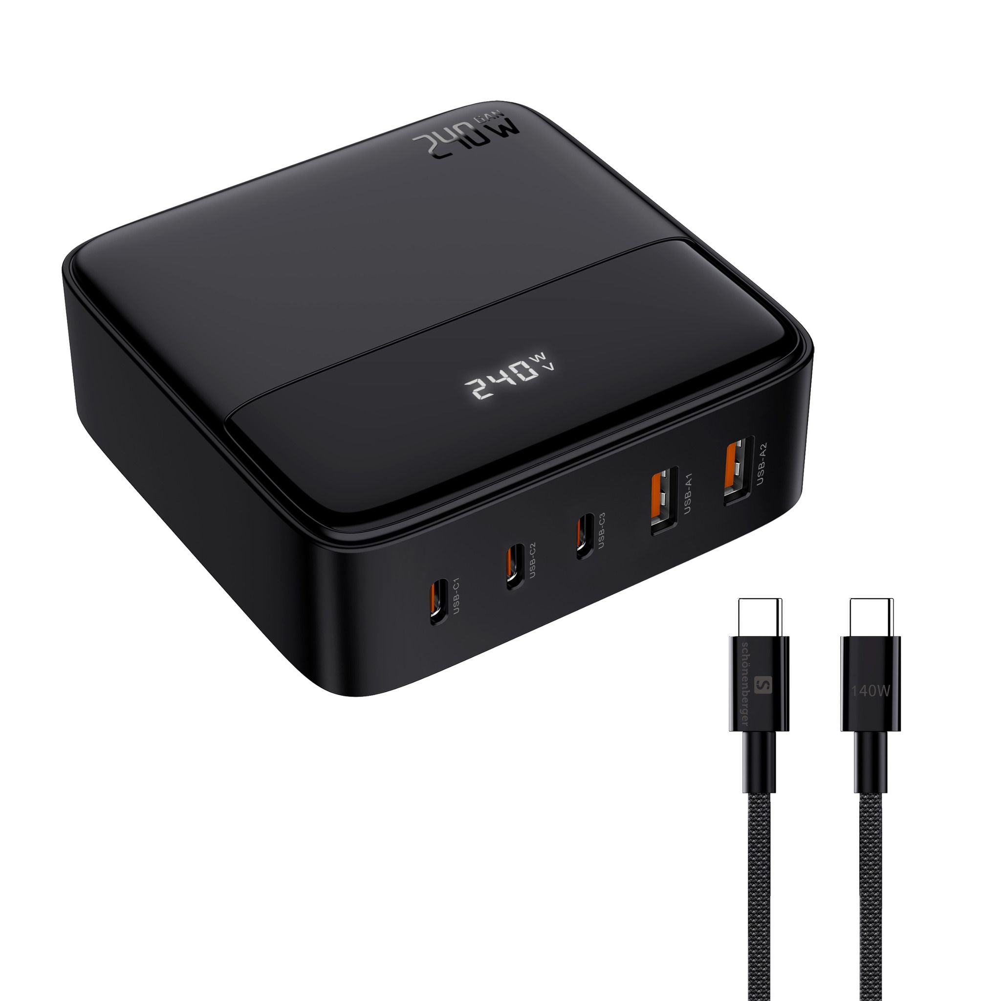 M. Schönenberger 24.21240SZ USB-Desktop-Ladegerät 240 W – USB-C×3, USB-A×2 – PD 3.1, QC 3.0, GaN – schwarz
