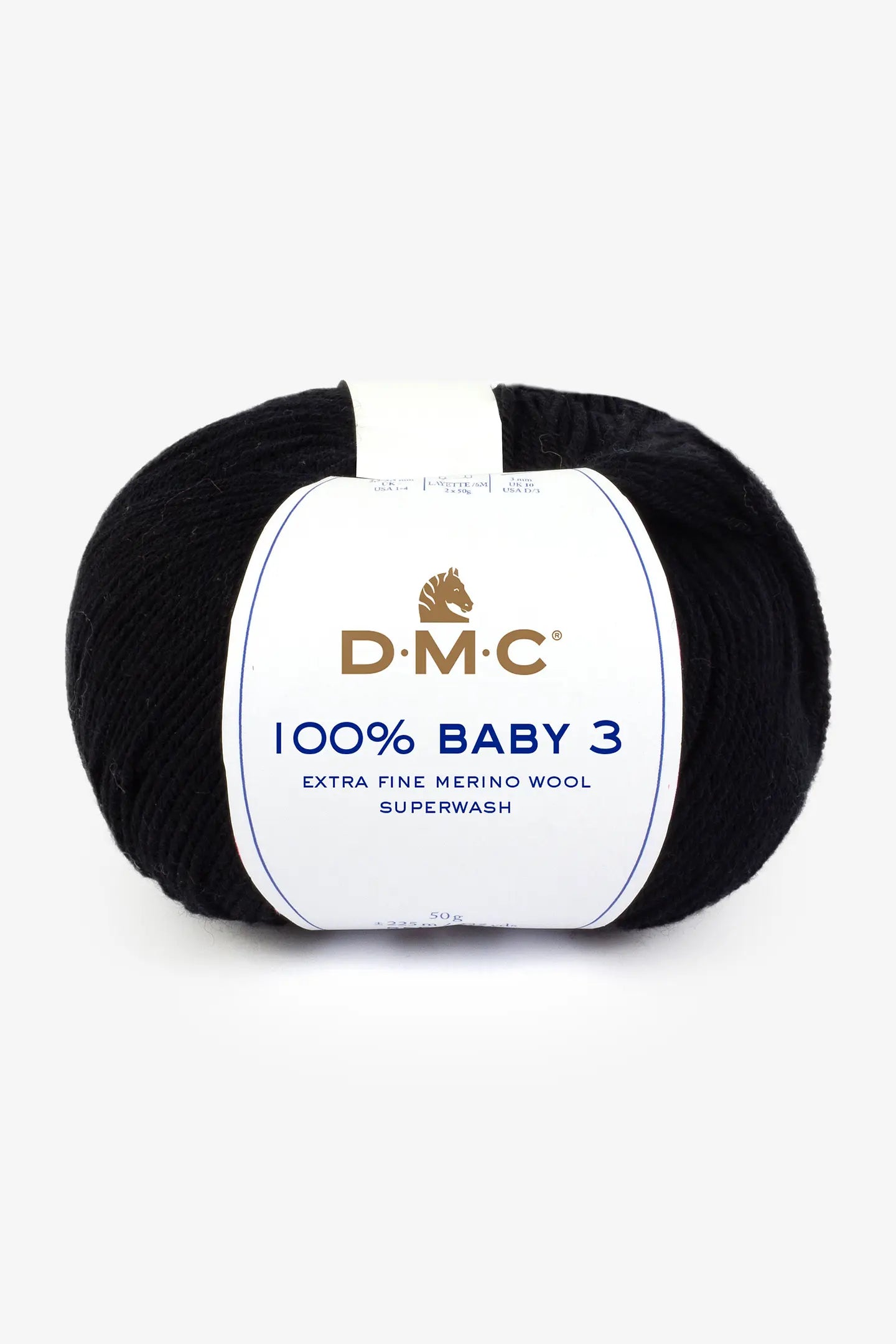 DMC 100% Baby 3 Wolle Schwarz – 50 g, 225 m, Nadel 3,5 mm, 100% Schurwolle