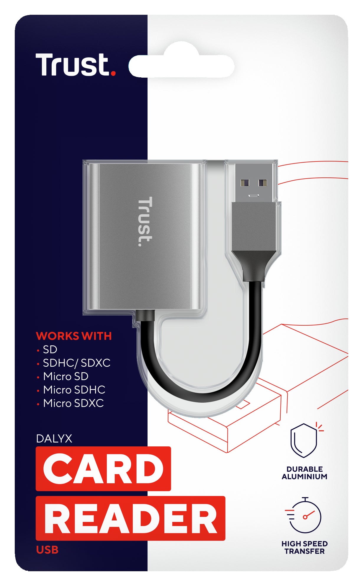 Trust Kartenleser – SD/microSD (SDHC/SDXC), 140 Mbit/s, USB-A, 0,08 m, USB 3.2 Gen 1 (5 Gbit/s) – Aluminium