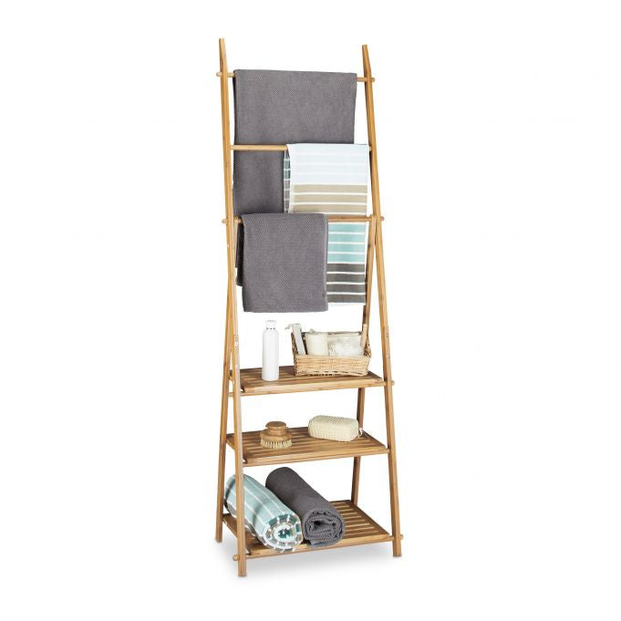 Relaxdays Handtuchständer – 3 Arme, 53×31×152 cm, Bambus, Holz