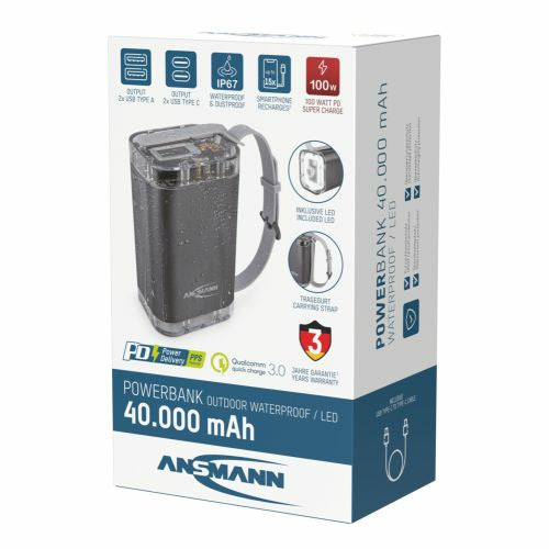 Ansmann Powerbank 40000 mAh, PD 100 W, 2× USB-C, 2× USB-A, LED Lampe, IP67, TFT-LCD, Silber