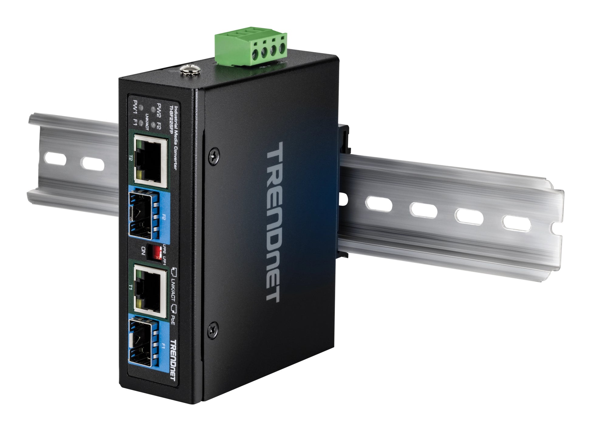 TRENDnet TI-BF22SFP – Medienkonverter – 2×SFP, 2×GbE PoE++ 90 W, IP30, DIN-Schiene