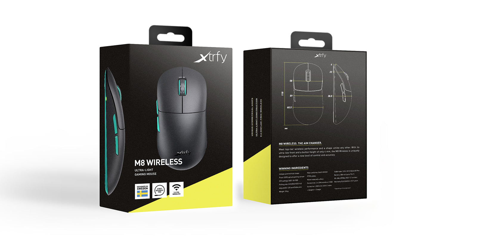CHERRY XTRFY M8 – Gaming-Maus – Kabellos (2,4 GHz), 26000 DPI, RGB-Beleuchtung, beidhändig, Schwarz