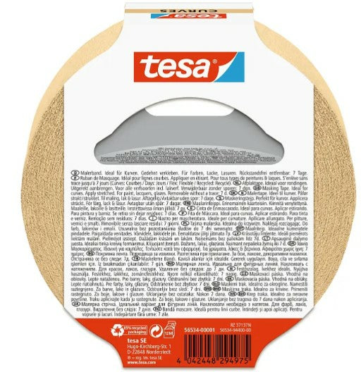 tesa Krepp-Abdeckband – 38 mm × 25 m, beige, für Innenbereich; für Kurven, rückstandsfrei bis 7 Tagen