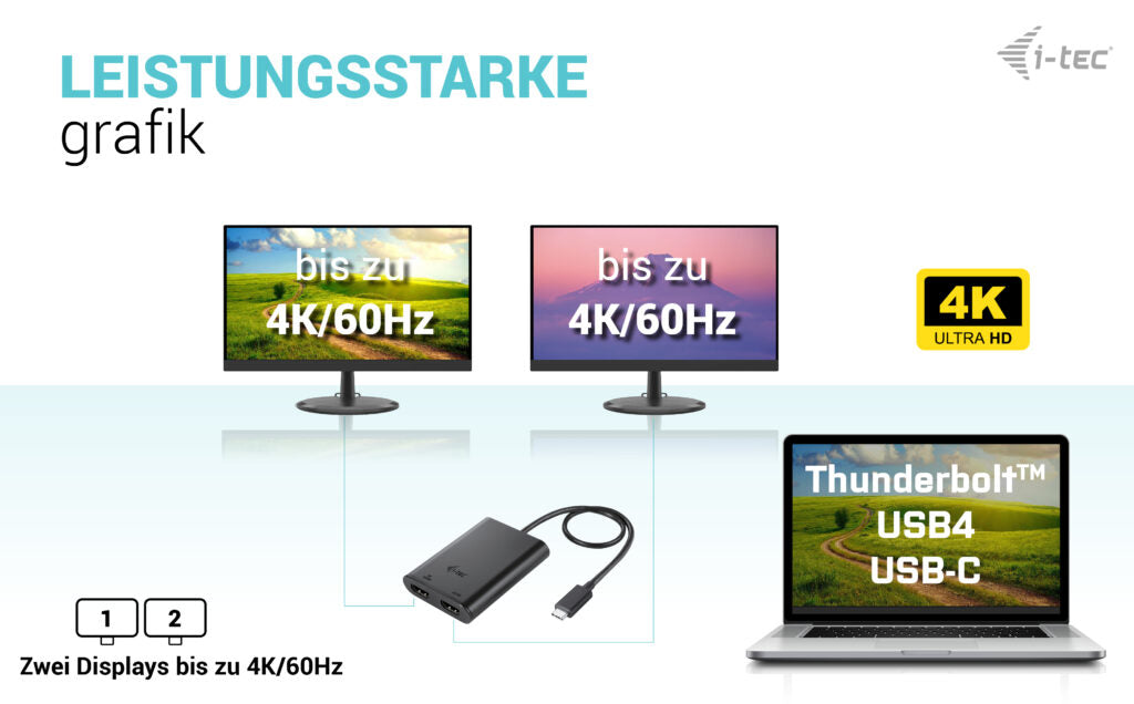 i-tec USB-C zu 2× HDMI Adapter – 8K (7680 × 4320) @ 30 Hz, 0,3 m, für Windows/macOS/Linux, Android/ChromeOS