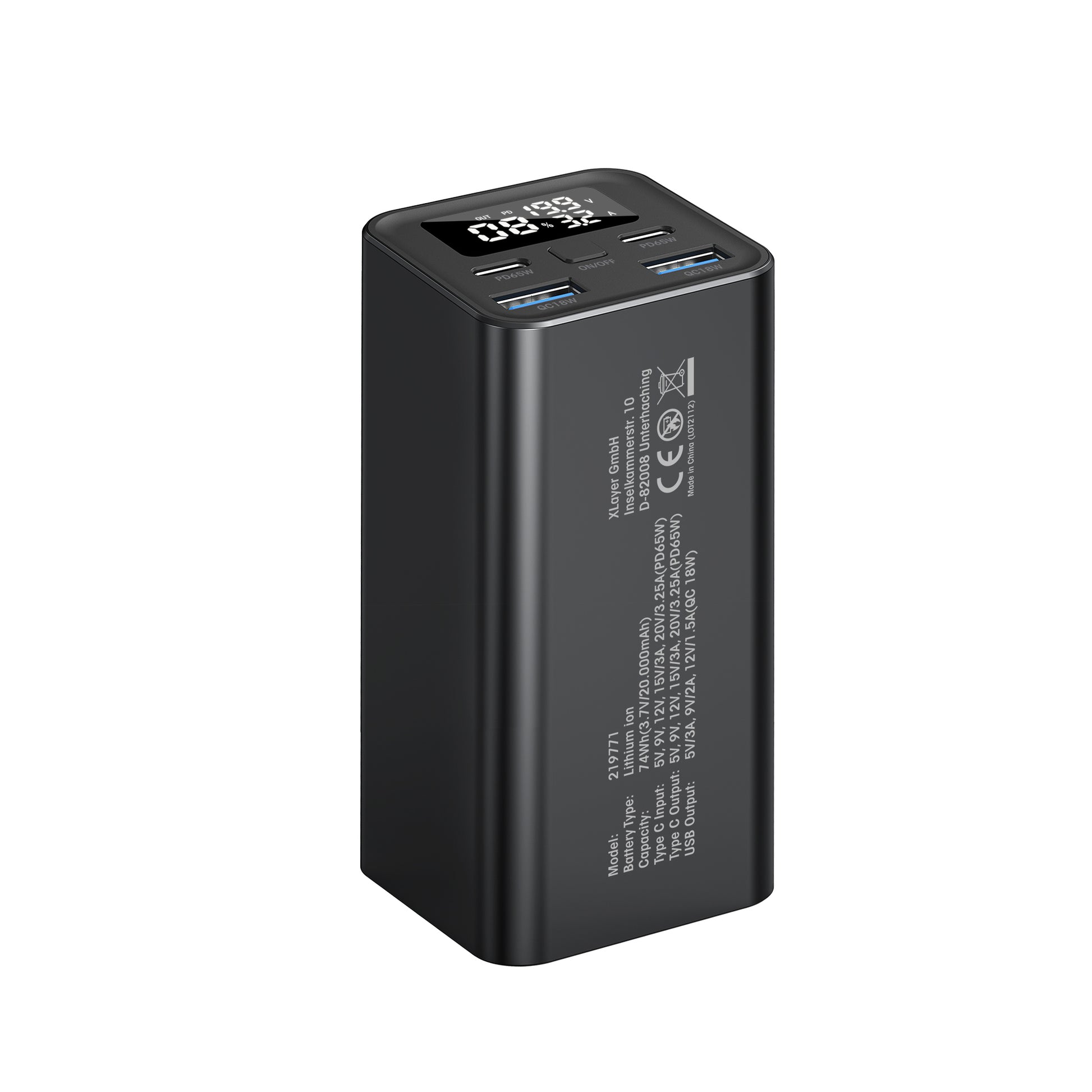 Xlayer Powerbank 20'000 mAh – 65 W PD, 2× USB-C, 2× USB-A, schwarz
