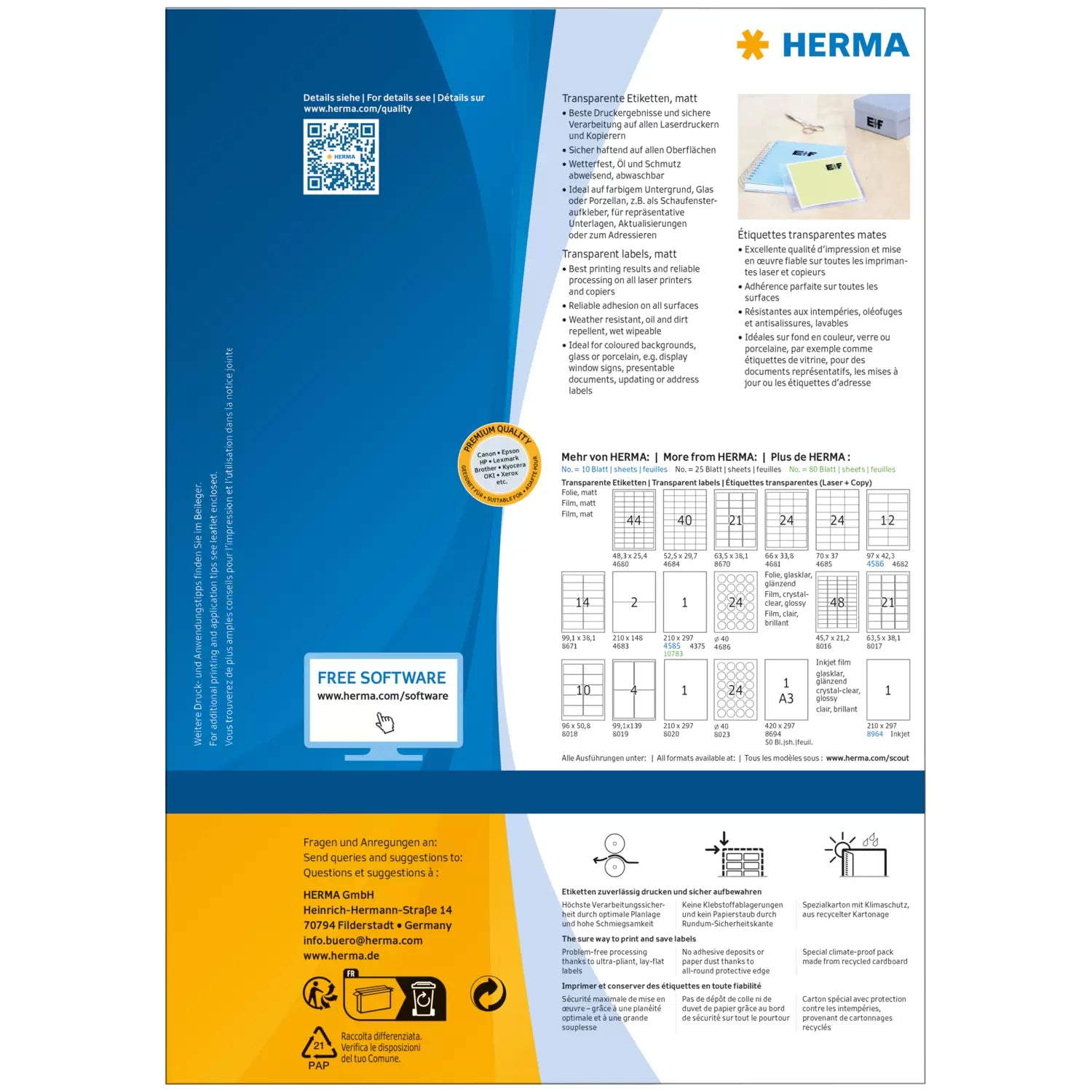 HERMA Folien-Etiketten, 210 mm × 297 mm, transparent, Polyesterfolie, selbstklebend, 80 Etiketten